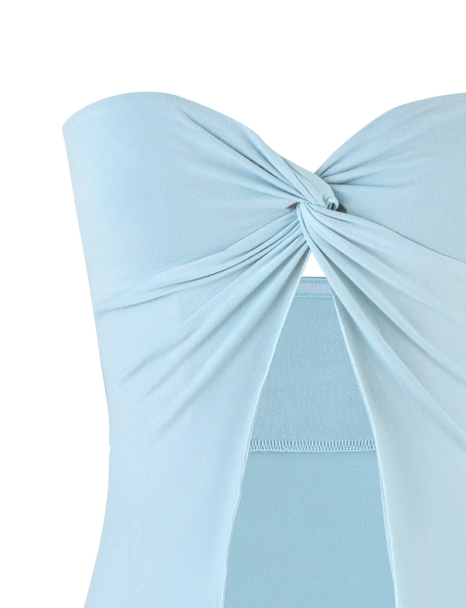 The CHARMAINE TOP by TIGERMIST in baby blue is a strapless top with a twist detail at the bust, front cut-out, and made from high-stretch fabric for a smooth, flattering fit.