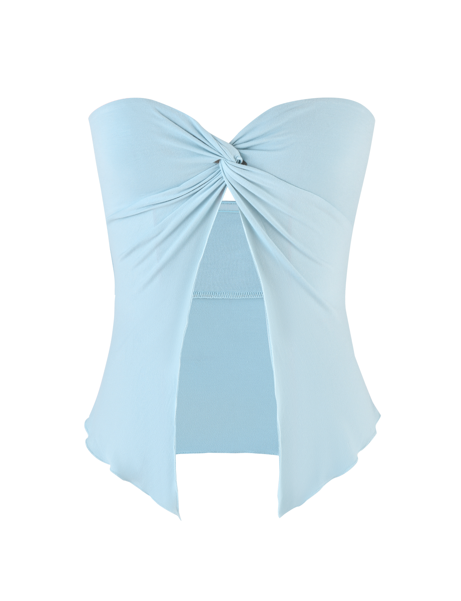 The CHARMAINE TOP by TIGERMIST in baby blue features a strapless design with chest twist detail, keyhole cutout, and asymmetrical pointed hem. Made from high stretch fabric for comfort and a flattering fit.