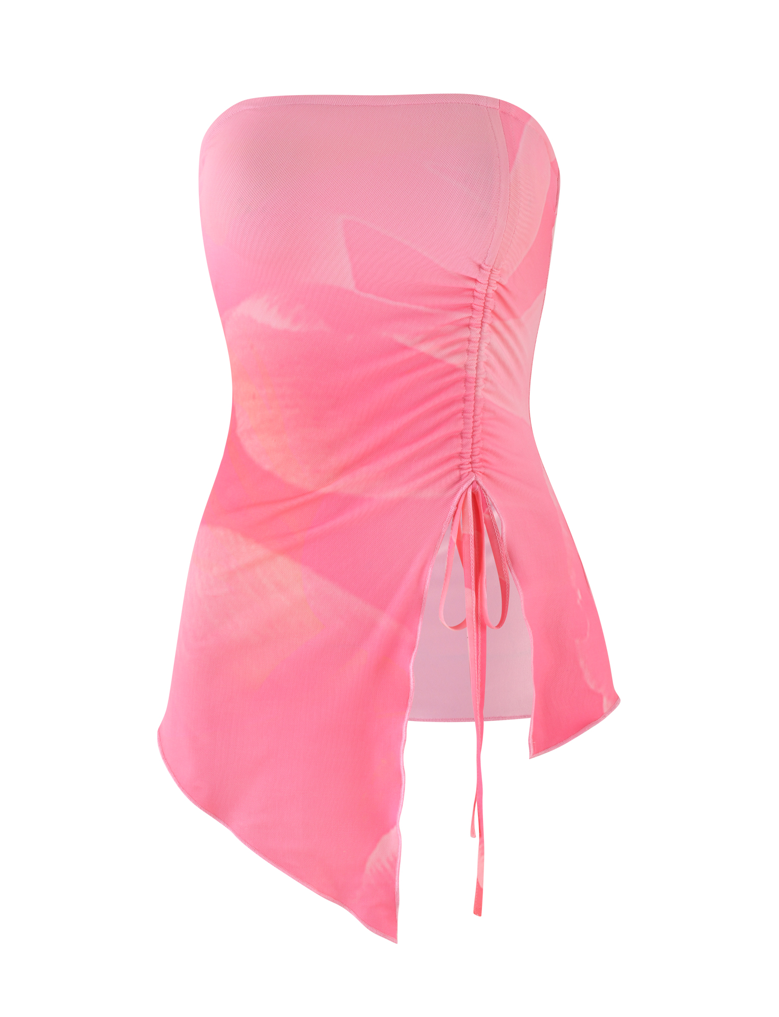 The SARIAH TOP by TIGERMIST comes in coral pink and peach, featuring a strapless bandeau style, abstract pattern, central ruched detailing, adjustable drawstring, and an asymmetric hemline.
