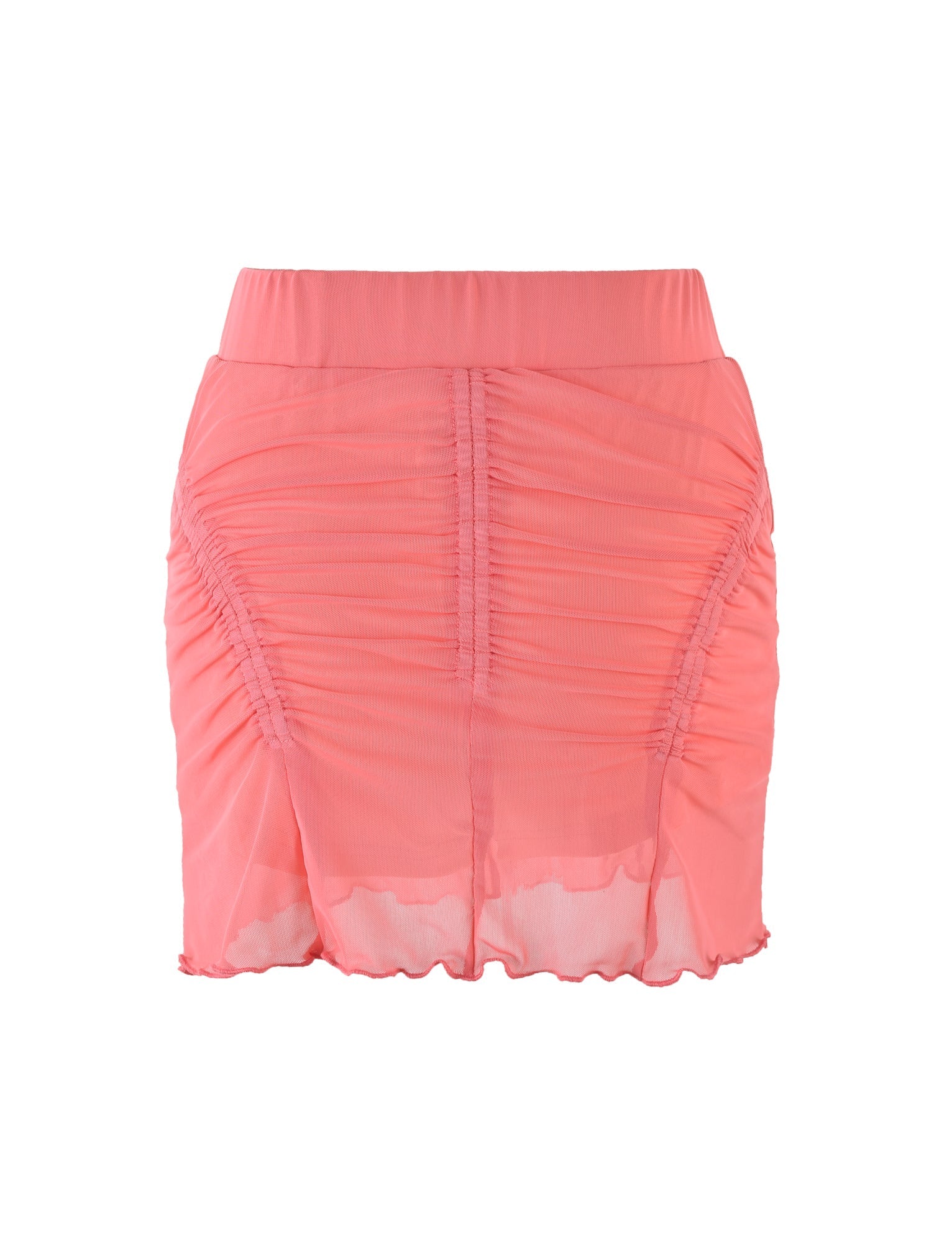 The ESME SKORT in Coral Pink and Peach from TIGERMIST is a stylish mini skort featuring a gathered ruched texture with an elastic waistband and a sheer fabric overlay. It includes a slightly ruffled hem, creating an elegant, layered look.