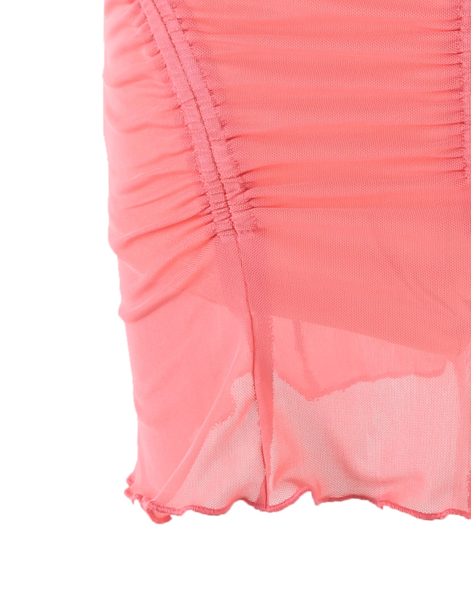Close-up of a gathered fabric design on a coral peach TigerMist Esme Skort. The sheer fabric is ruched in vertical lines, creating a textured, wrinkled effect, and the lower edge is slightly ruffled.