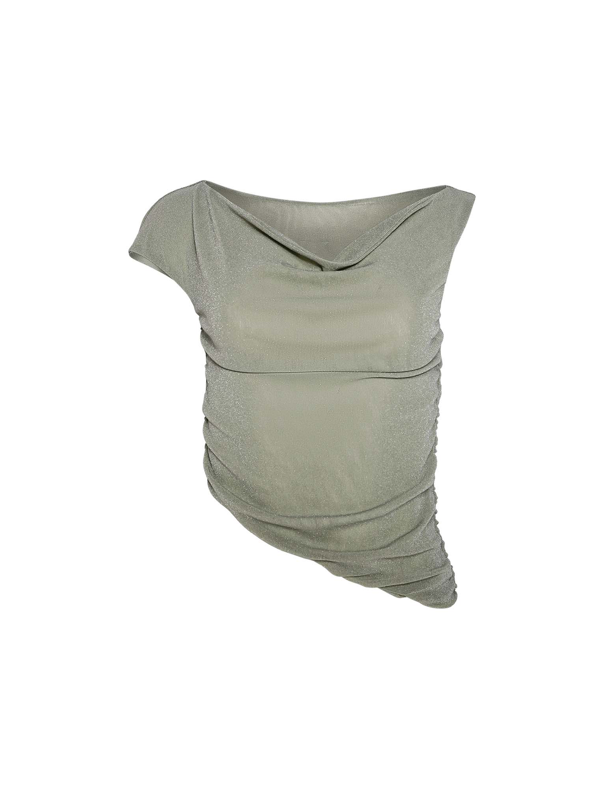 The TIGERMIST COBI TANK in Sage Glitter features an asymmetric design, shimmery finish, draped cowl neckline, and ruched side detail, shown against a white background.