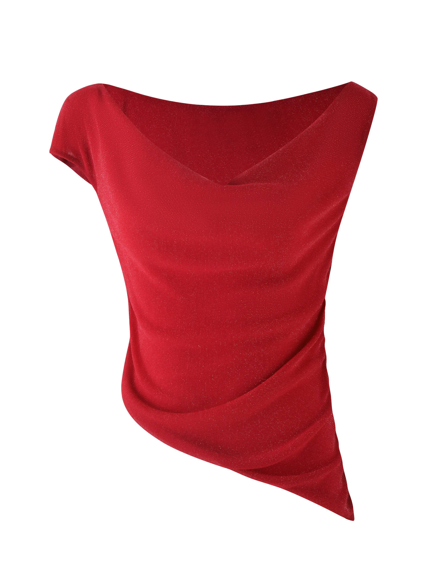 The TIGERMIST COBI TANK - RED : SPARKLE is a bright red, shimmer jersey one-shoulder tank with draped details and a slanted hem, shown against a plain white background.