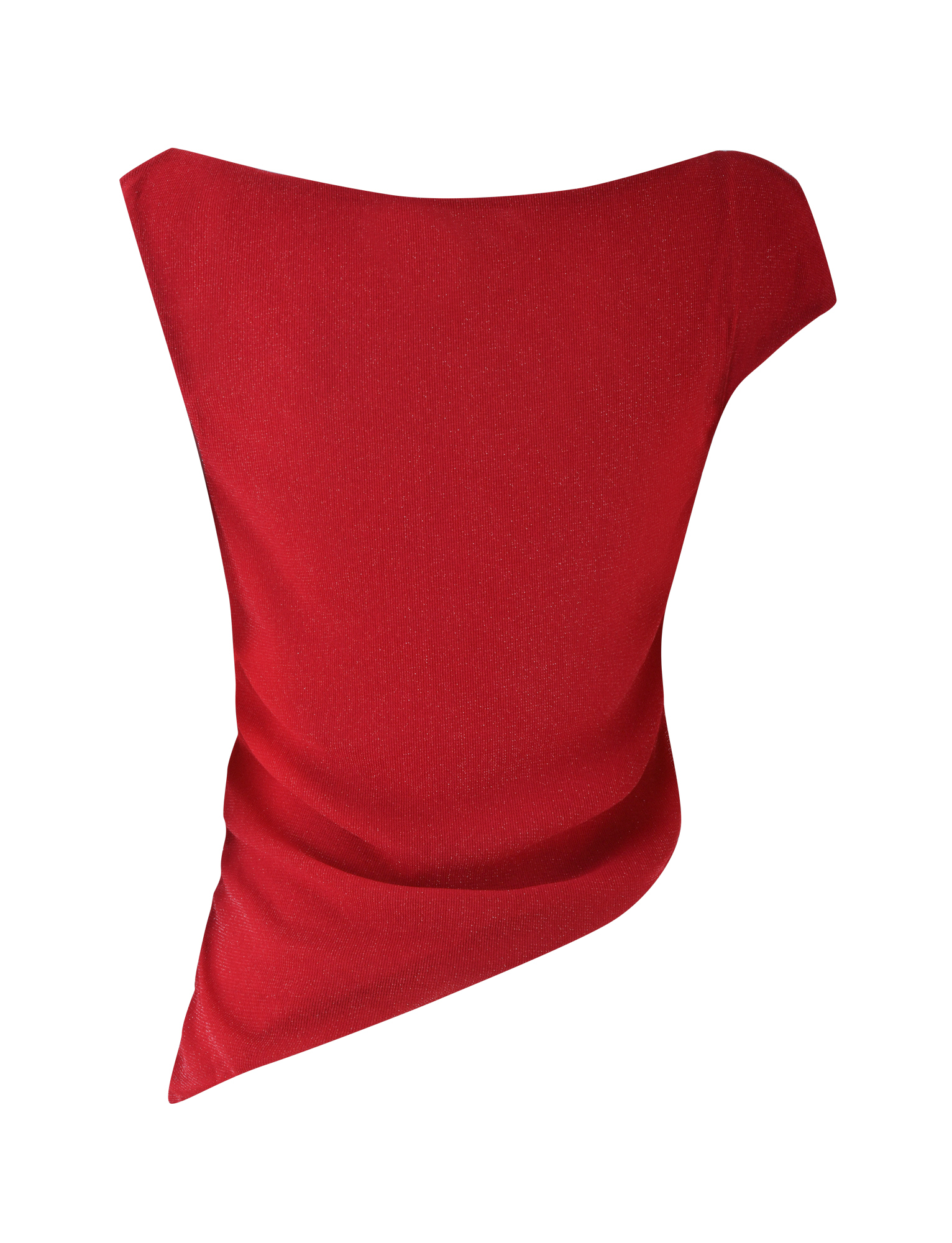 The TIGERMIST COBI TANK - RED : SPARKLE is a shimmer jersey top with an asymmetrical off-the-shoulder neckline, fitted silhouette, and angular hem, shown against a white background.