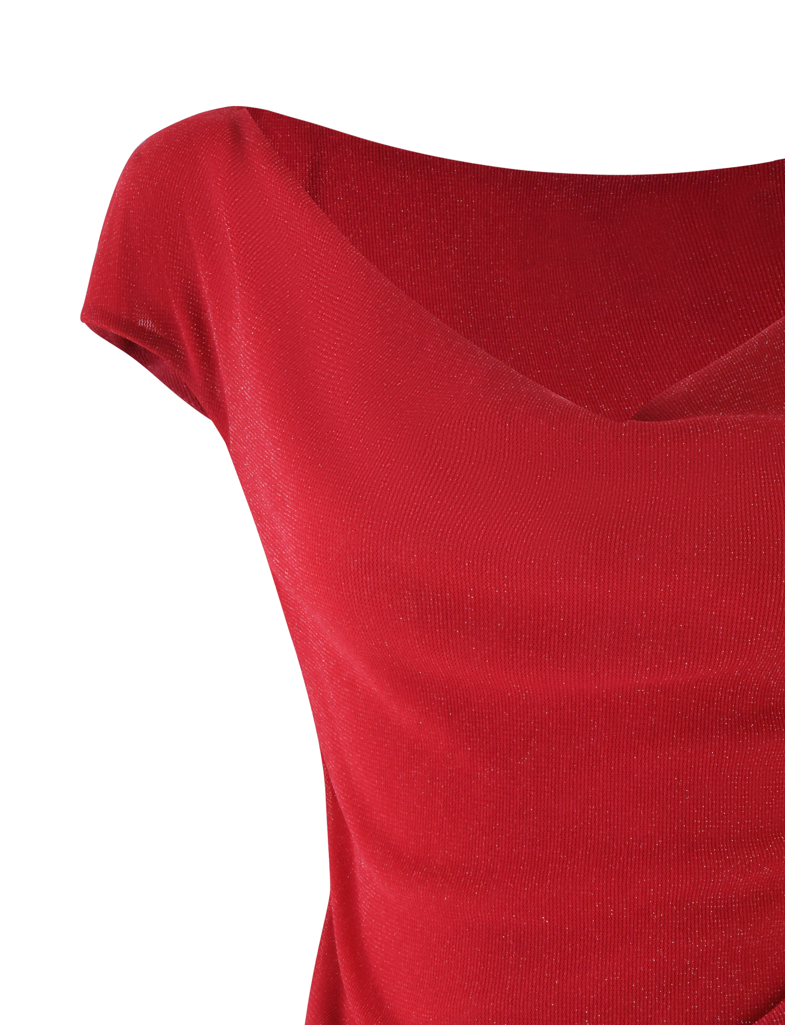 Close-up of the TIGERMIST COBI TANK - RED : SPARKLE, a red asymmetrical, short-sleeve top with off-shoulder or cowl-neck design in shiny shimmer jersey fabric, displayed against a white background.