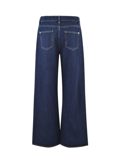 Back view of the TIGERMIST FELIX JEAN - DARK DENIM, showcasing an oversized fit, two rear pockets, and prominent stitching in a dark blue wash against a plain background.