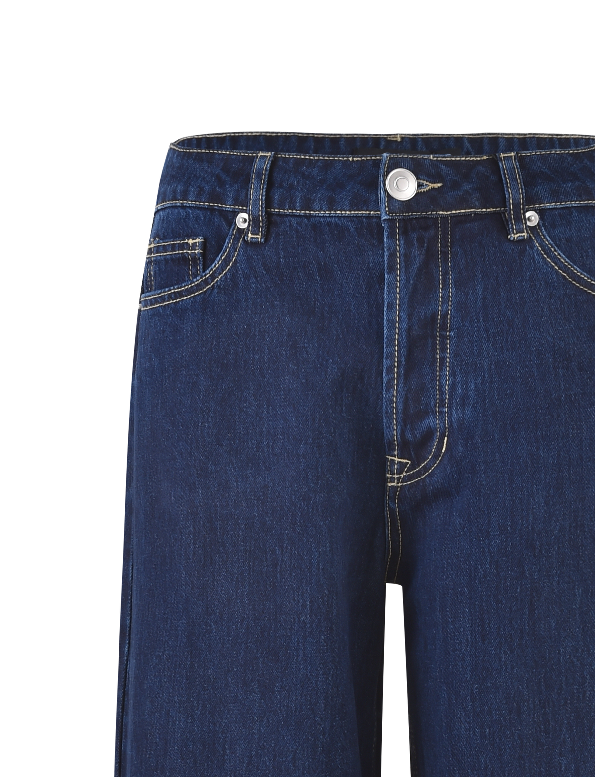 The image shows the upper portion of TIGERMIST FELIX JEAN - DARK DENIM, featuring white stitching, a front button closure, front pockets, belt loops, and an oversized fit.