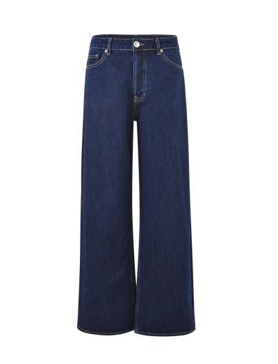 The FELIX JEAN - DARK DENIM by TIGERMIST features a high-waisted, wide-leg silhouette in dark blue denim with white stitching, button and zipper closure, plus front and back pockets, shown against a plain background.