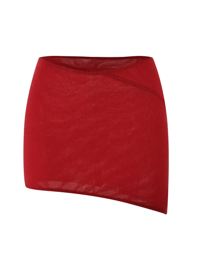 The TIGERMIST COBI SKIRT - RED : SPARKLE is a red mini skirt with a bodycon fit, slight asymmetrical hemline, and semi-sheer fabric featuring subtle sparkle, shown against a white background.