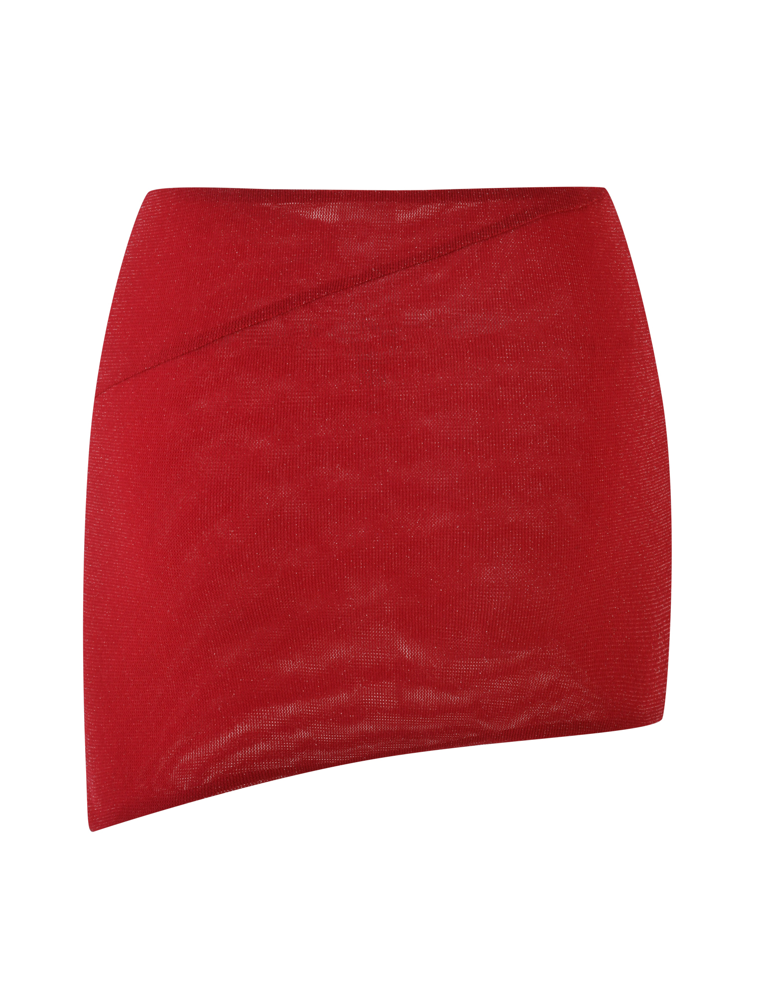 The TIGERMIST COBI SKIRT - RED : SPARKLE is a short, red bodycon skirt with an asymmetrical cut, made from shiny fabric and shown against a plain white background.