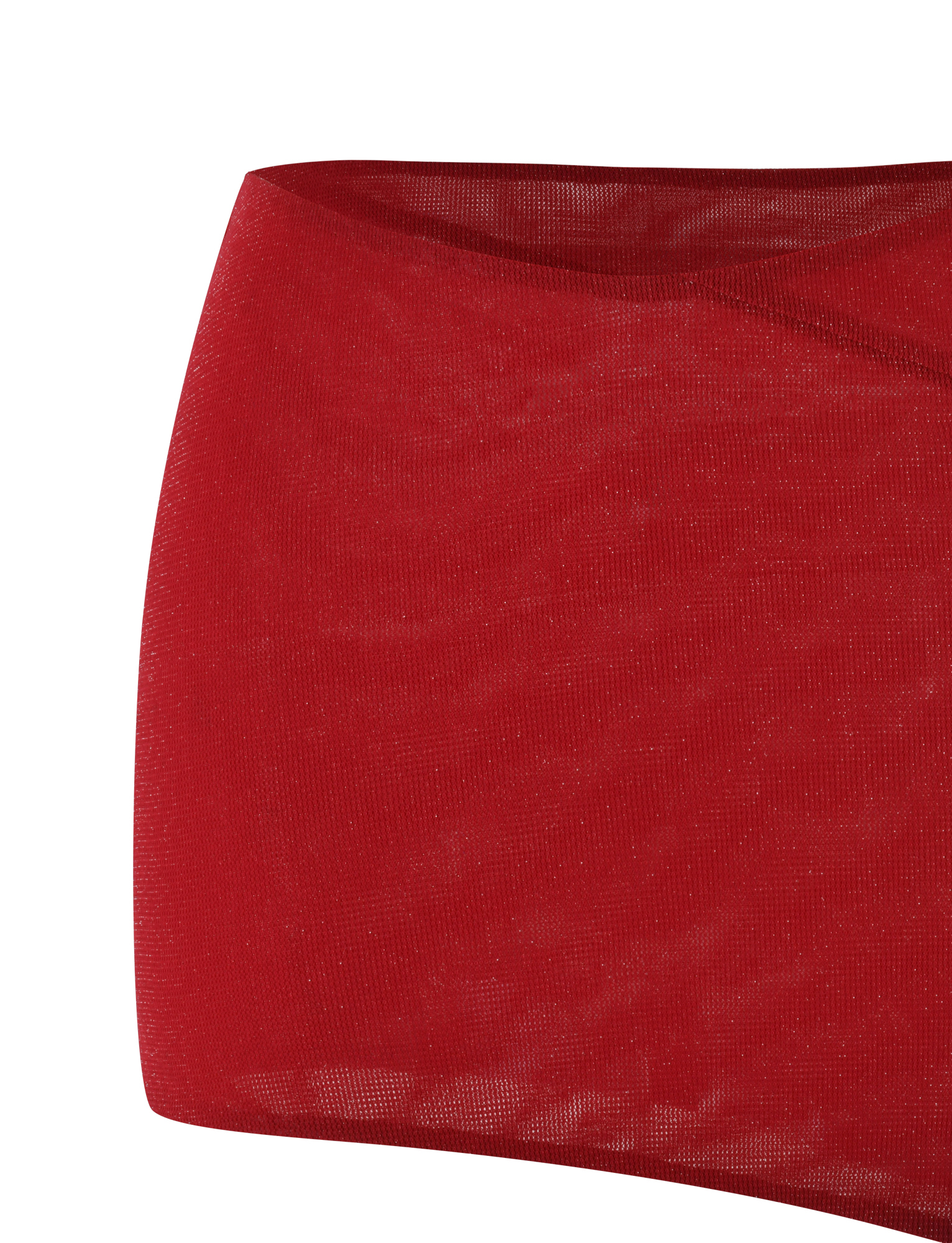 A close-up of the TIGERMIST COBI SKIRT - RED : SPARKLE, a sheer red mesh mini skirt, shows its bodycon fit and see-through lightweight fabric against a white background, with only the lower half visible.