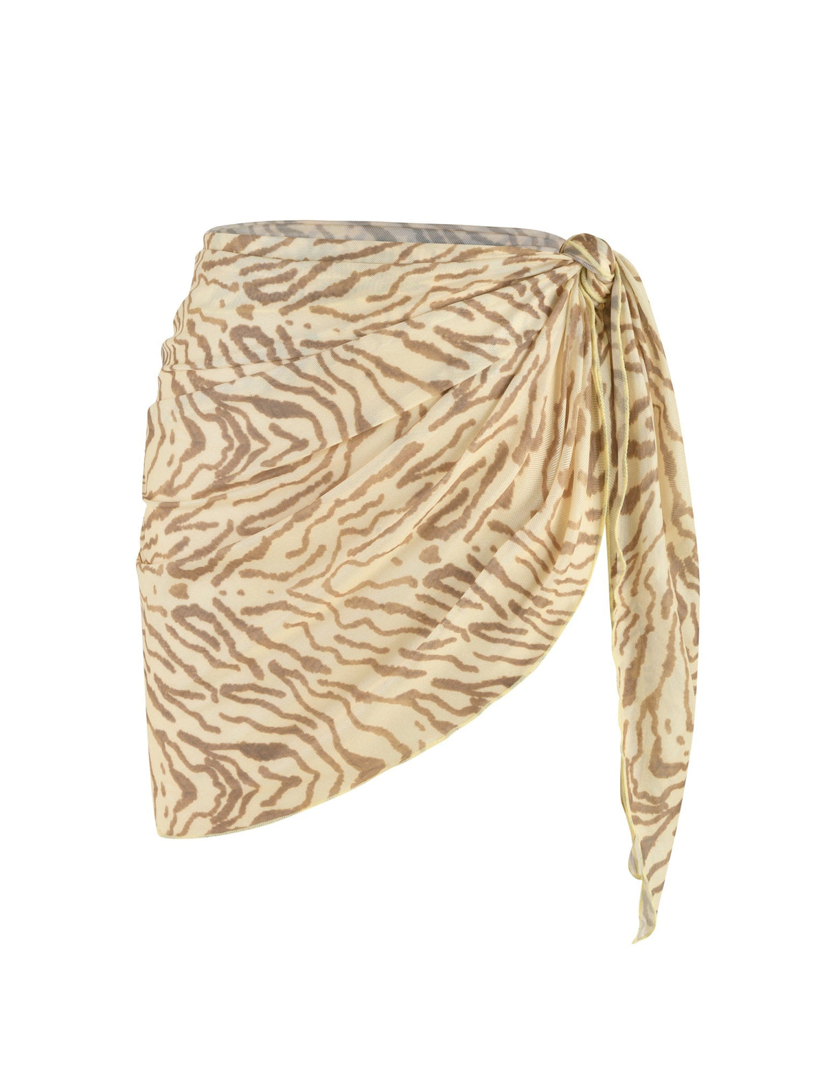 The PEACHY SARONG - YELLOW : ZEBRA from TIGERMIST is an asymmetrical wrap skirt adorned with a beige and brown zebra stripe pattern. It ties at the waist on the right side and is made from lightweight, flowy mesh fabric.