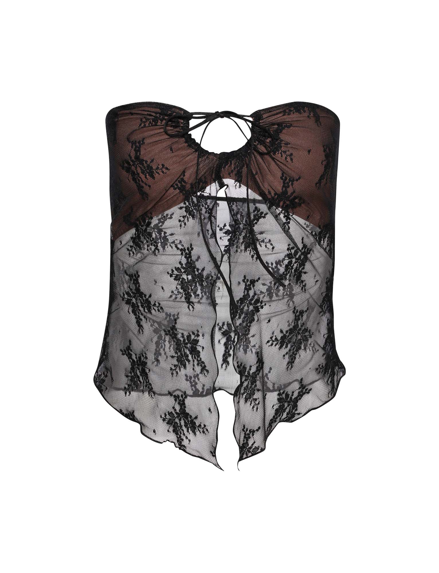 The KAROLINA TOP - BLACK by TIGERMIST is a strapless sheer lace top featuring an intricate floral pattern. It has a keyhole opening at the center with a tie-up detail, and its asymmetrical hemline is flowing and slightly ruffled. The fabric is delicate and semi-transparent.