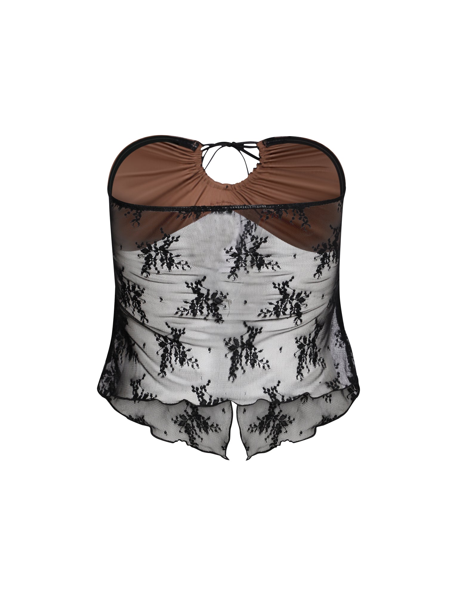 The KAROLINA TOP - BLACK by TIGERMIST is a strapless, sheer black top adorned with a delicate floral lace pattern. This stylish design features a thin tie around the neckline and scalloped edges at the hem and sides. The sheer fabric subtly reveals a hint of light brown inner lining.
