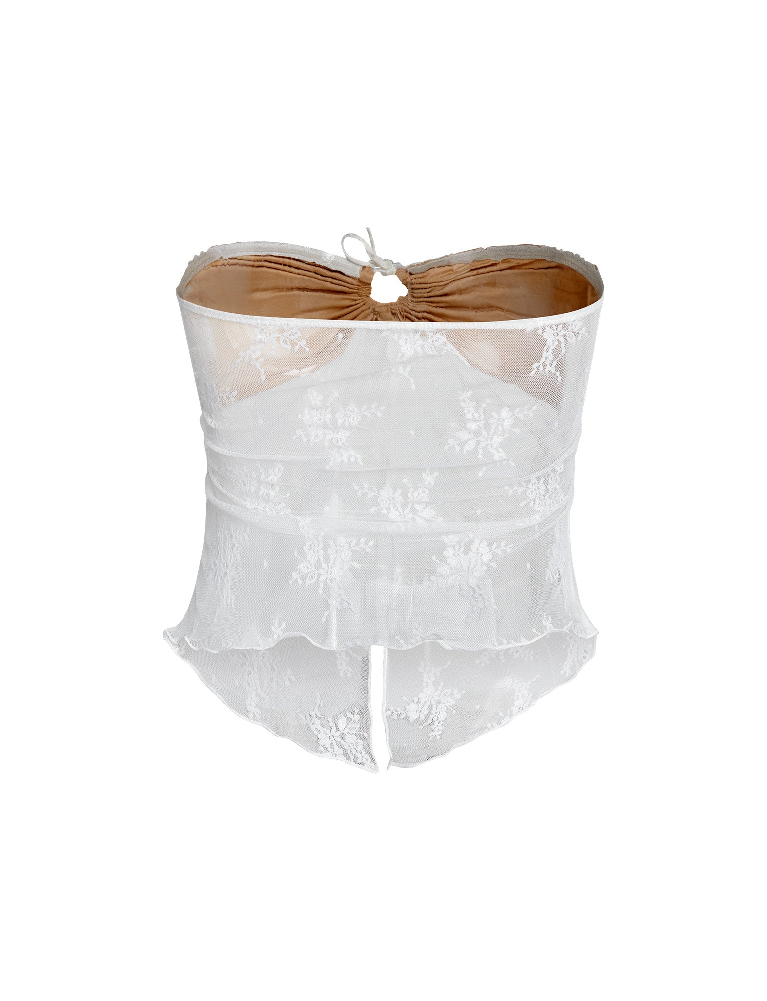 The KAROLINA TOP - WHITE by TIGERMIST is a strapless white lace top adorned with intricate floral patterns. The fabric is sheer, and the top boasts a delicate scalloped hem. There is a small loop detail at the center of the neckline, complemented by a slight opening at the back for added allure.