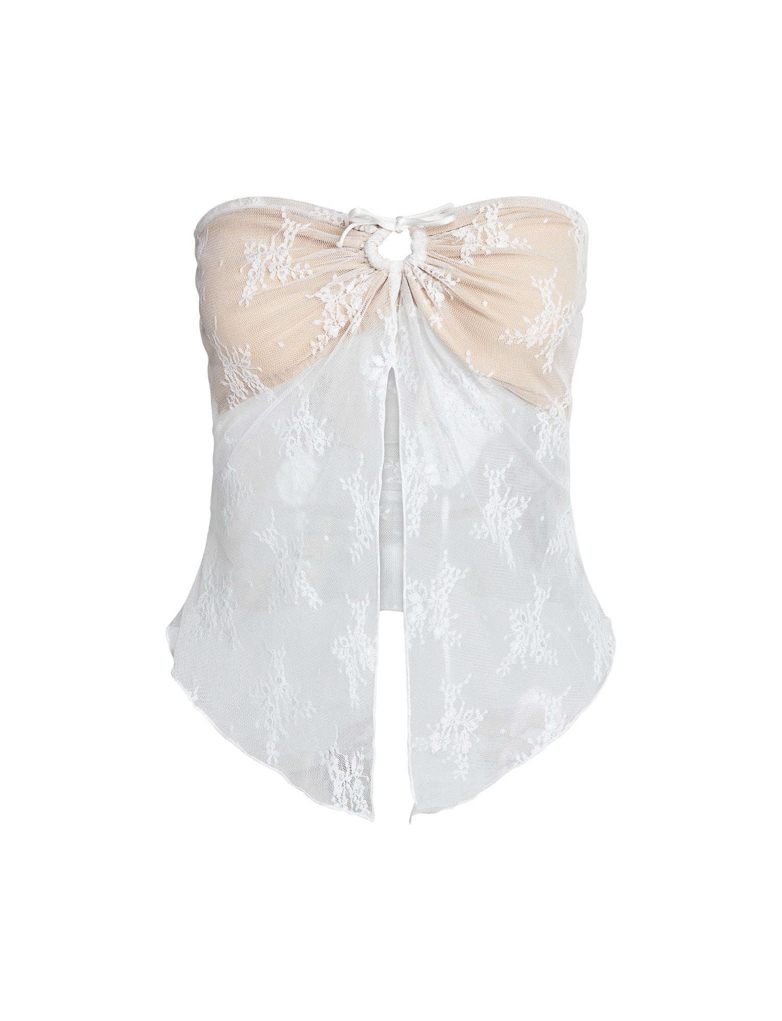 Introducing the KAROLINA TOP - WHITE by TIGERMIST: a stylish strapless top featuring a sweetheart neckline. This top combines sheer white lace over a nude fabric base, with a knot detail at the center front that creates a keyhole opening, and an asymmetrically split hemline for added flair.
