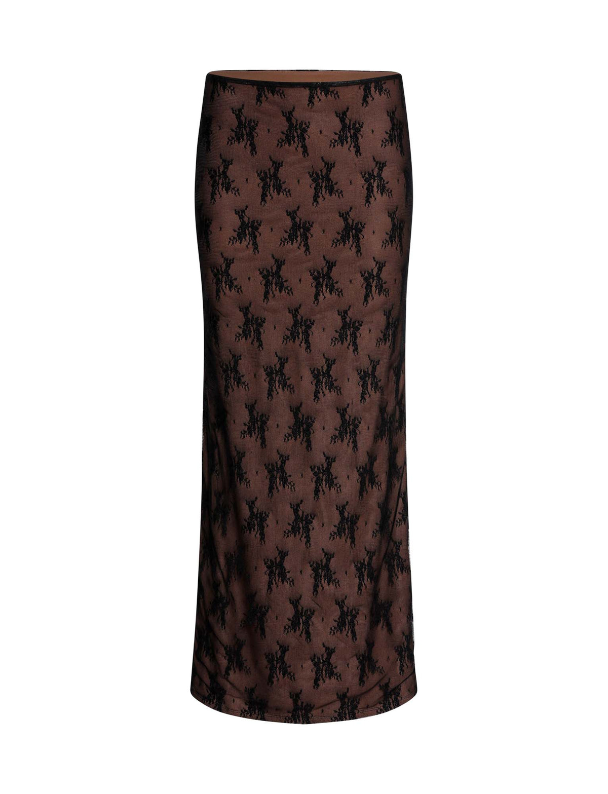The KAROLINA SKIRT - BLACK from TIGERMIST is a high-waisted, knee-length pencil skirt with a fitted silhouette. This elegant piece features a dark brown base color adorned with an all-over black floral lace pattern, giving it a textured and sophisticated look. It boasts a smooth hemline and lacks visible fastenings, ensuring a sleek finish.