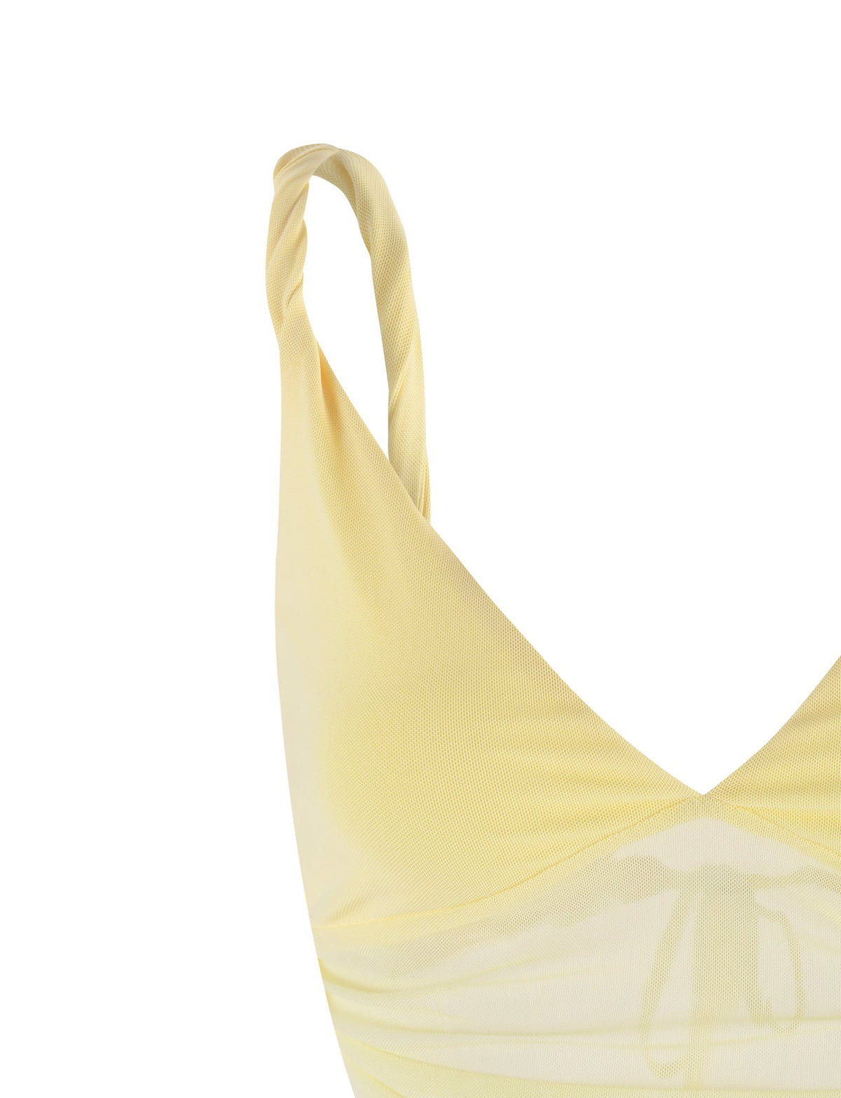 Close-up of the TIGERMIST THEO TOP - YELLOW : LEMON. The design showcases twisted shoulder straps and ruched fabric detailing on the bust, creating a flattering and stylish look. The fabric appears to be smooth and slightly shiny, giving it a sleek and modern appearance.
