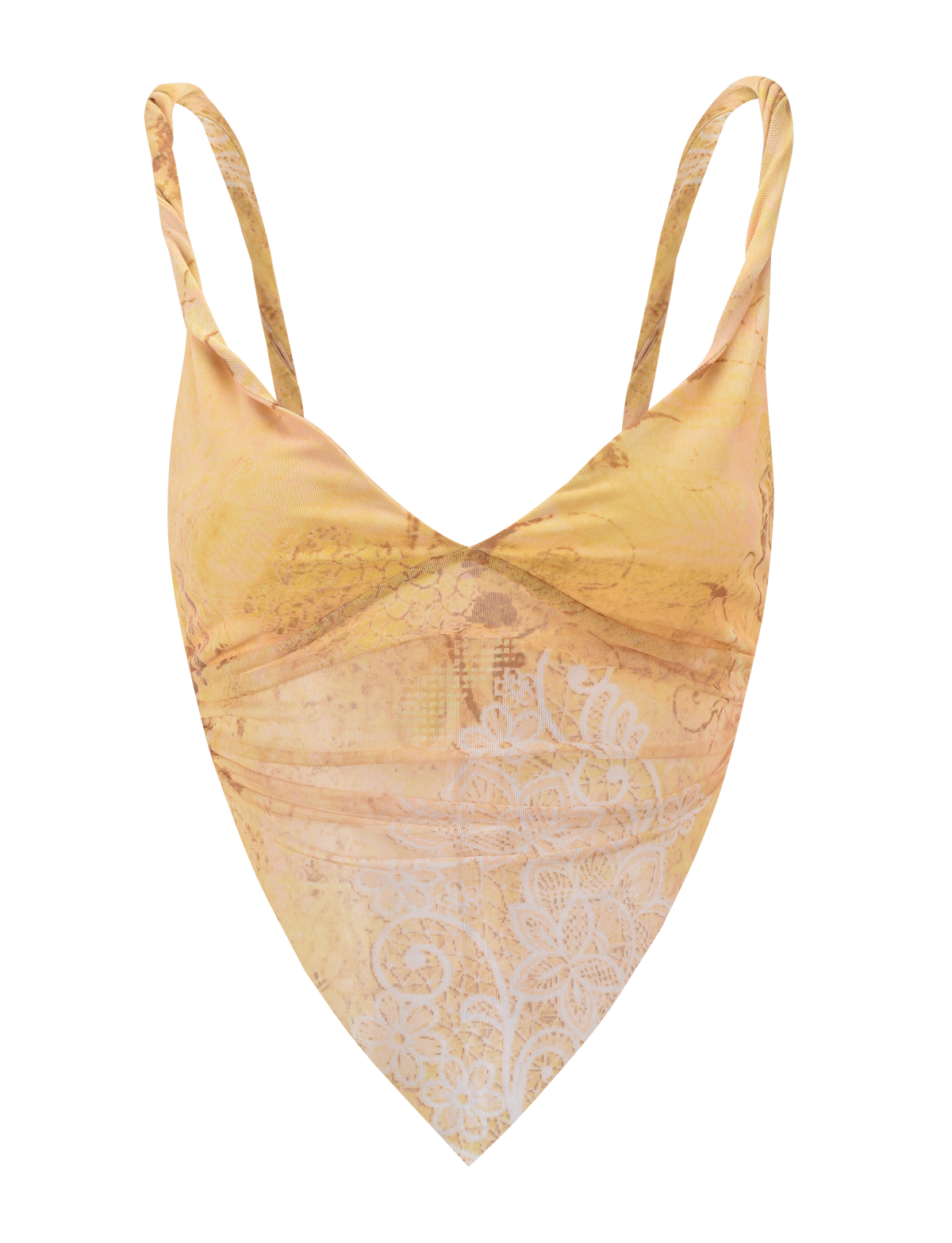 The THEO TOP by TIGERMIST features a yellow and beige butterfly paisley print, sleeveless V-neck design, handkerchief hem, thin straps, adjustable back ties, and a delicate white lace overlay for an artistic look.