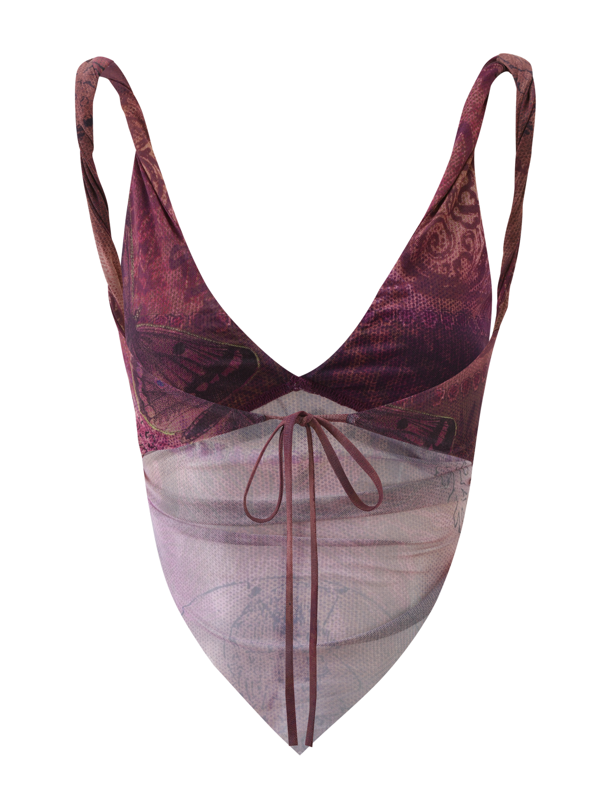 The TIGERMIST THEO TOP - PLUM BUTTERFLY PAISLEY is a sleeveless V-neck crop featuring maroon and purple butterfly paisley print, a sheer light pink panel with a front tie, thin straps, and adjustable back ties for the perfect fit.