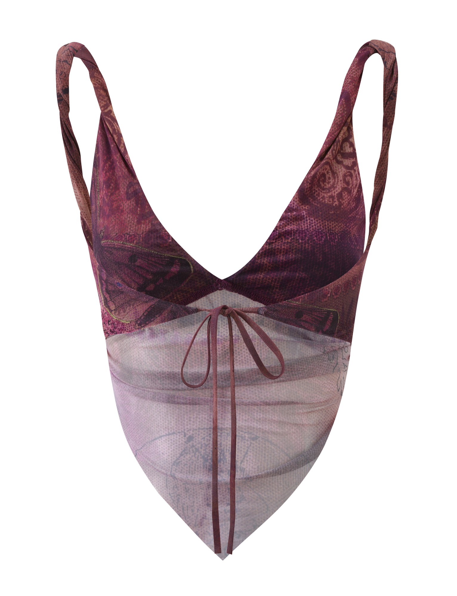 The TIGERMIST THEO TOP - PLUM BUTTERFLY PAISLEY is a sleeveless V-neck crop featuring maroon and purple butterfly paisley print, a sheer light pink panel with a front tie, thin straps, and adjustable back ties for the perfect fit.