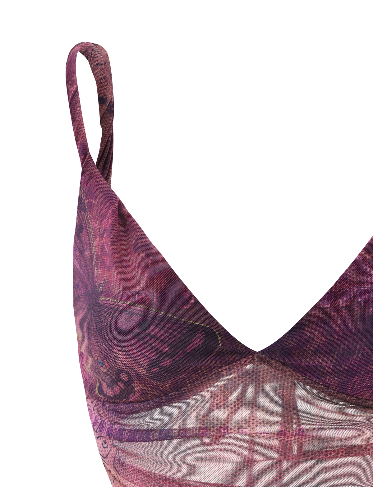 Close-up of the TIGERMIST THEO TOP - PLUM BUTTERFLY PAISLEY: a sleeveless, sheer purple and pink V-neck handkerchief hem top with butterfly and paisley patterns, thin one-shoulder strap, adjustable back ties, set against a plain white background.