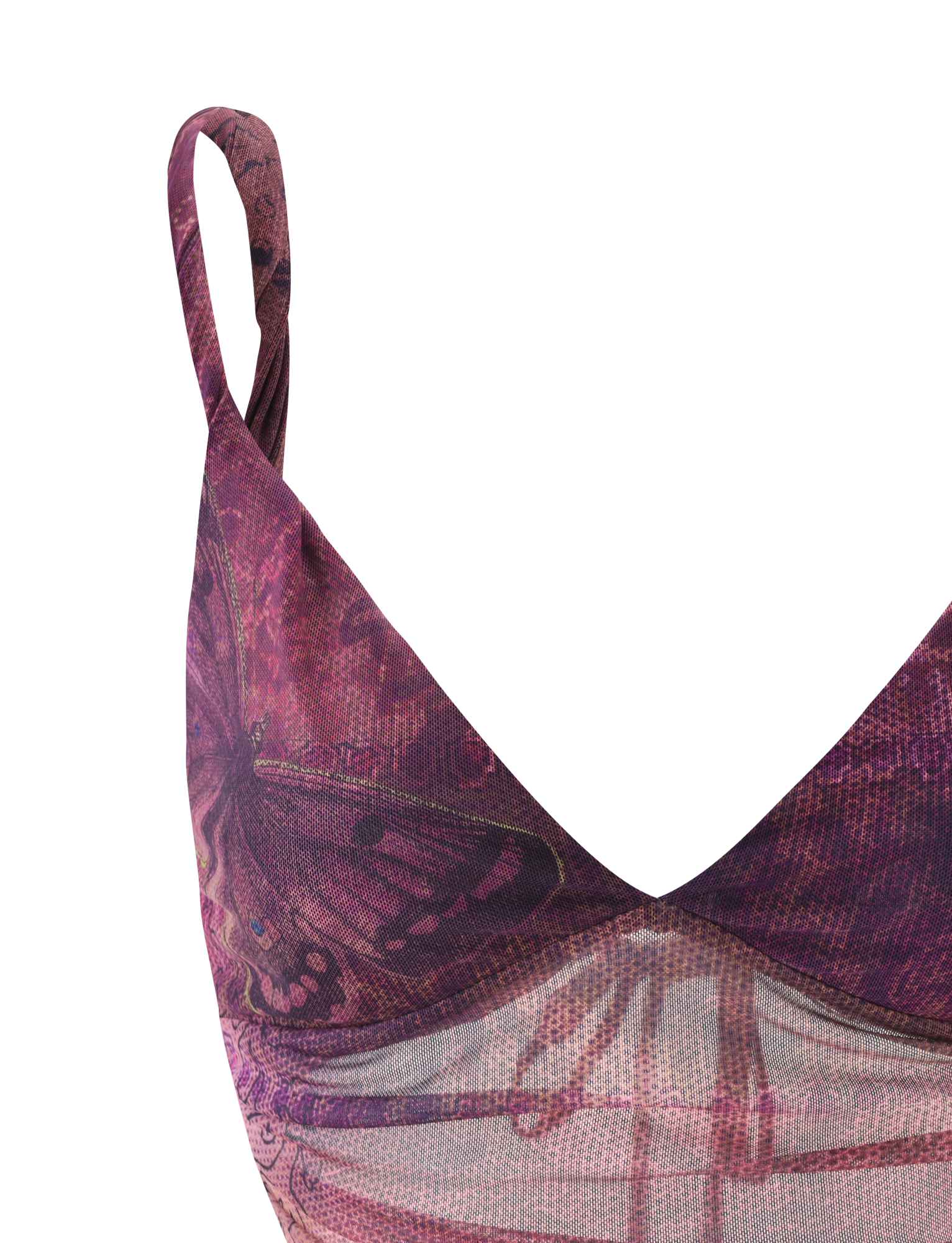 Close-up of the TIGERMIST THEO TOP - PLUM BUTTERFLY PAISLEY: a sleeveless, sheer purple and pink V-neck handkerchief hem top with butterfly and paisley patterns, thin one-shoulder strap, adjustable back ties, set against a plain white background.