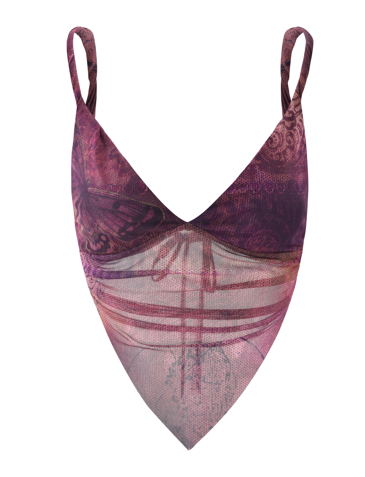 The TIGERMIST THEO TOP in Plum Butterfly Paisley is a bandana-style crop top with adjustable back ties and spaghetti straps, featuring a butterfly paisley and floral print.