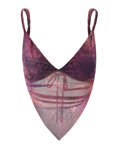 The TIGERMIST THEO TOP in Plum Butterfly Paisley is a bandana-style crop top with adjustable back ties and spaghetti straps, featuring a butterfly paisley and floral print.