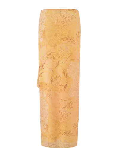 TIGERMIST’s THEO SKIRT - LEMON BUTTERFLY PAISLEY is a low rise maxi skirt with a white paisley pattern, adding effortless charm to your summer wardrobe.