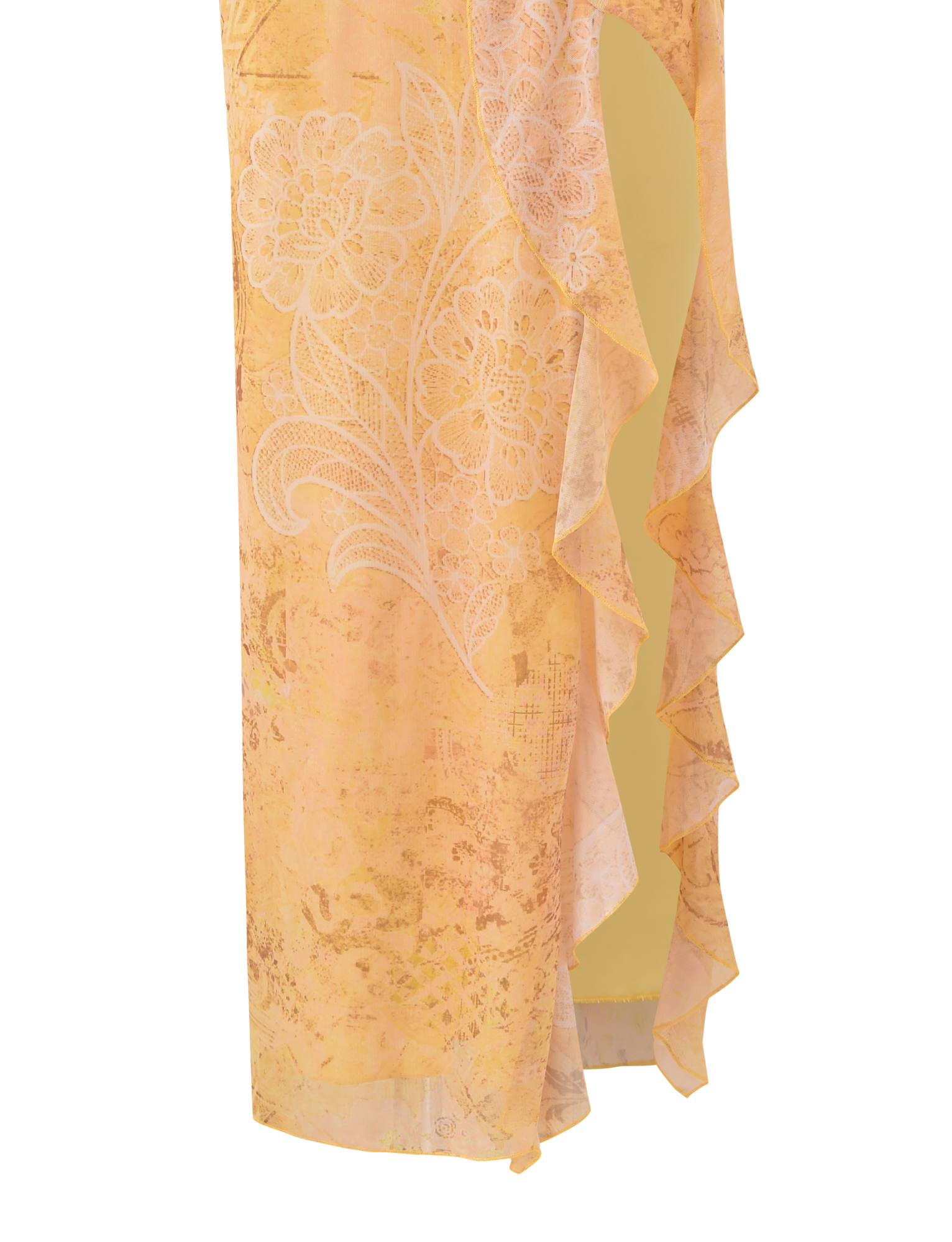 Close-up of the TIGERMIST THEO SKIRT in Lemon Butterfly Paisley, featuring a floral pattern, white lace overlay, ruffled asymmetrical edge, and an opening that reveals a yellow inner lining.