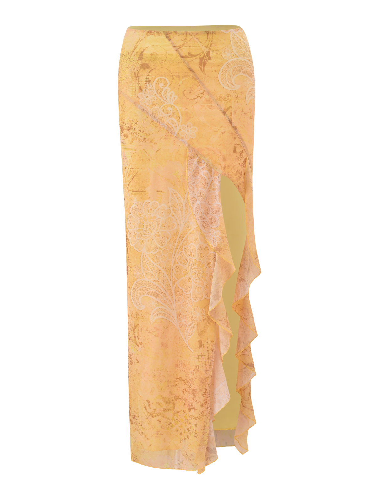 The THEO SKIRT by TIGERMIST is a lemon maxi skirt adorned with a delicate white butterfly paisley print.