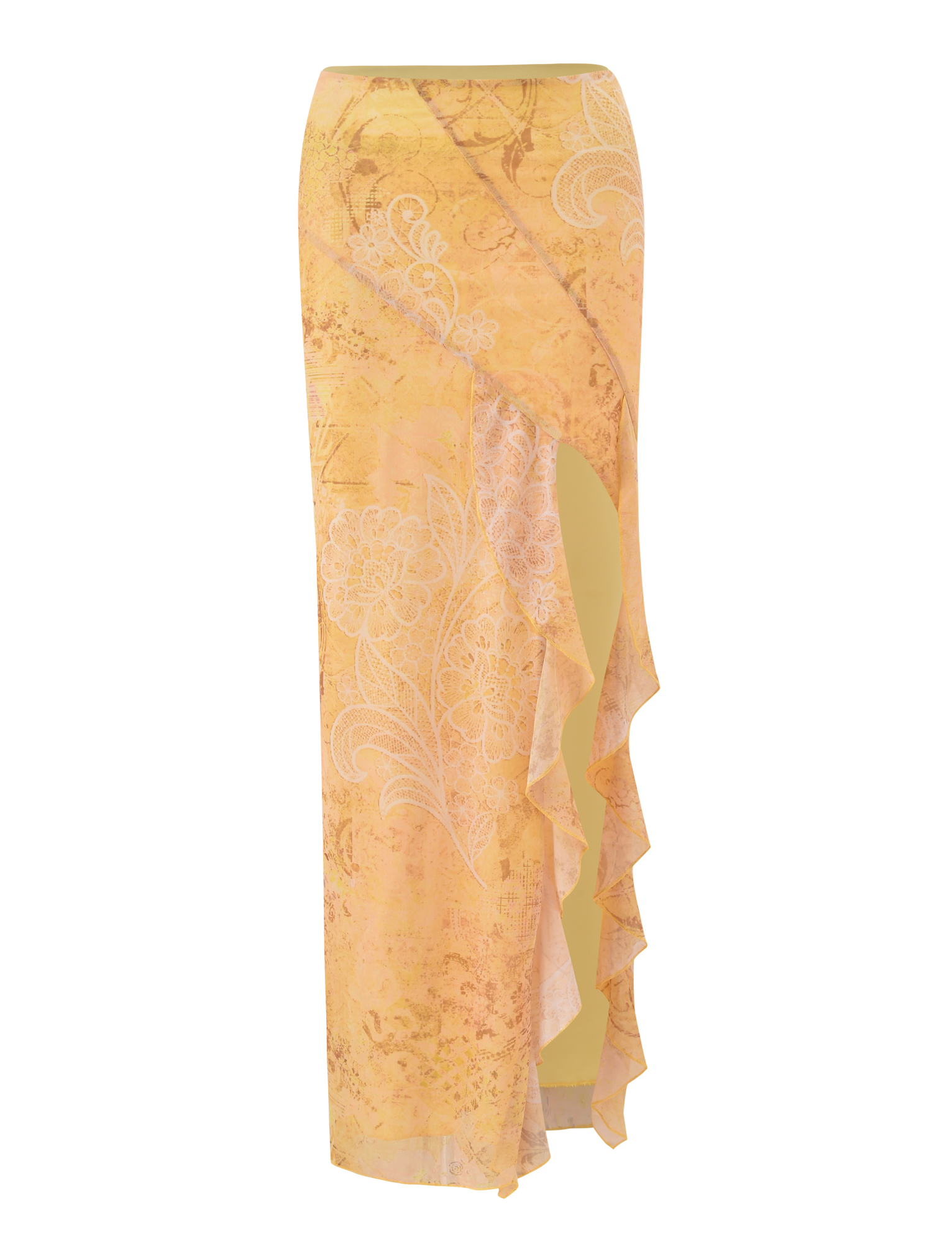 The THEO SKIRT by TIGERMIST is a lemon maxi skirt adorned with a delicate white butterfly paisley print.