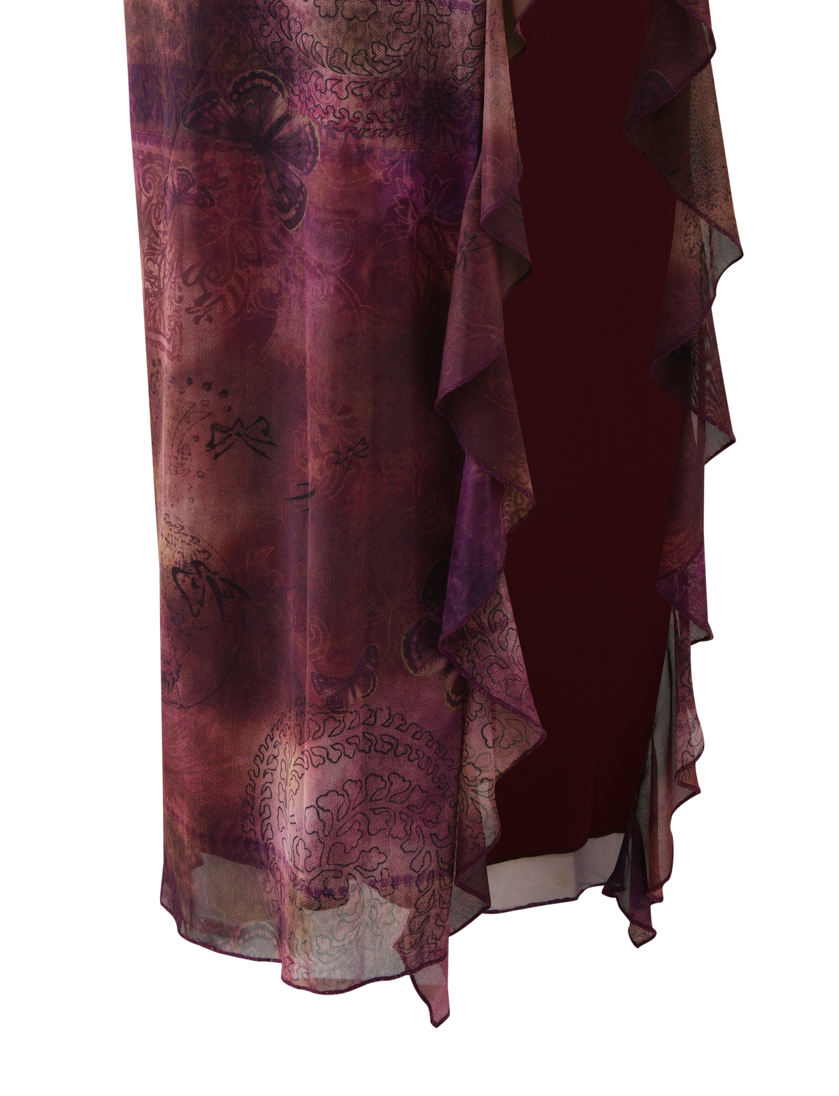 The TIGERMIST THEO SKIRT in Plum Butterfly Paisley features sheer purple and burgundy paisley print with delicate butterfly patterns, ruffled edges, and is draped over a dark red background.