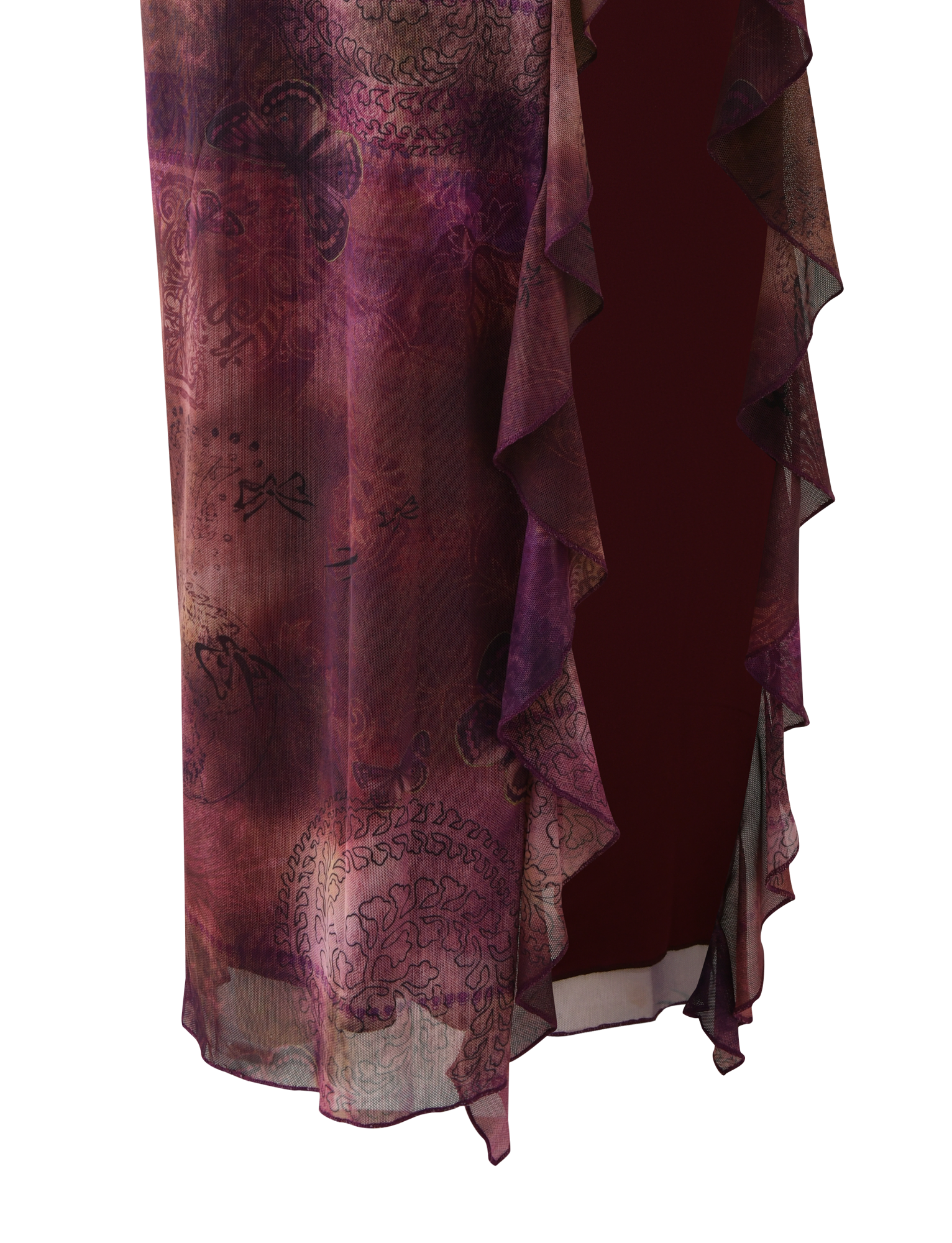 The TIGERMIST THEO SKIRT in Plum Butterfly Paisley features sheer purple and burgundy paisley print with delicate butterfly patterns, ruffled edges, and is draped over a dark red background.