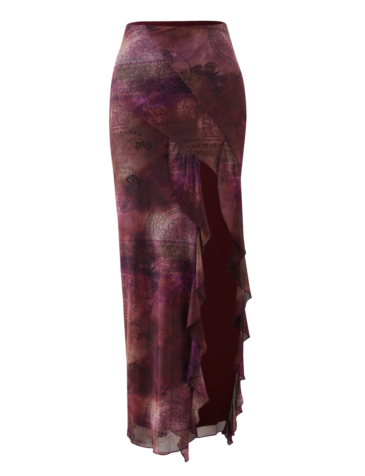 The TIGERMIST THEO SKIRT - PLUM BUTTERFLY PAISLEY is a high-waisted, long skirt with a butterfly paisley print, ruffled asymmetrical front slit, and flowy semi-sheer fabric.