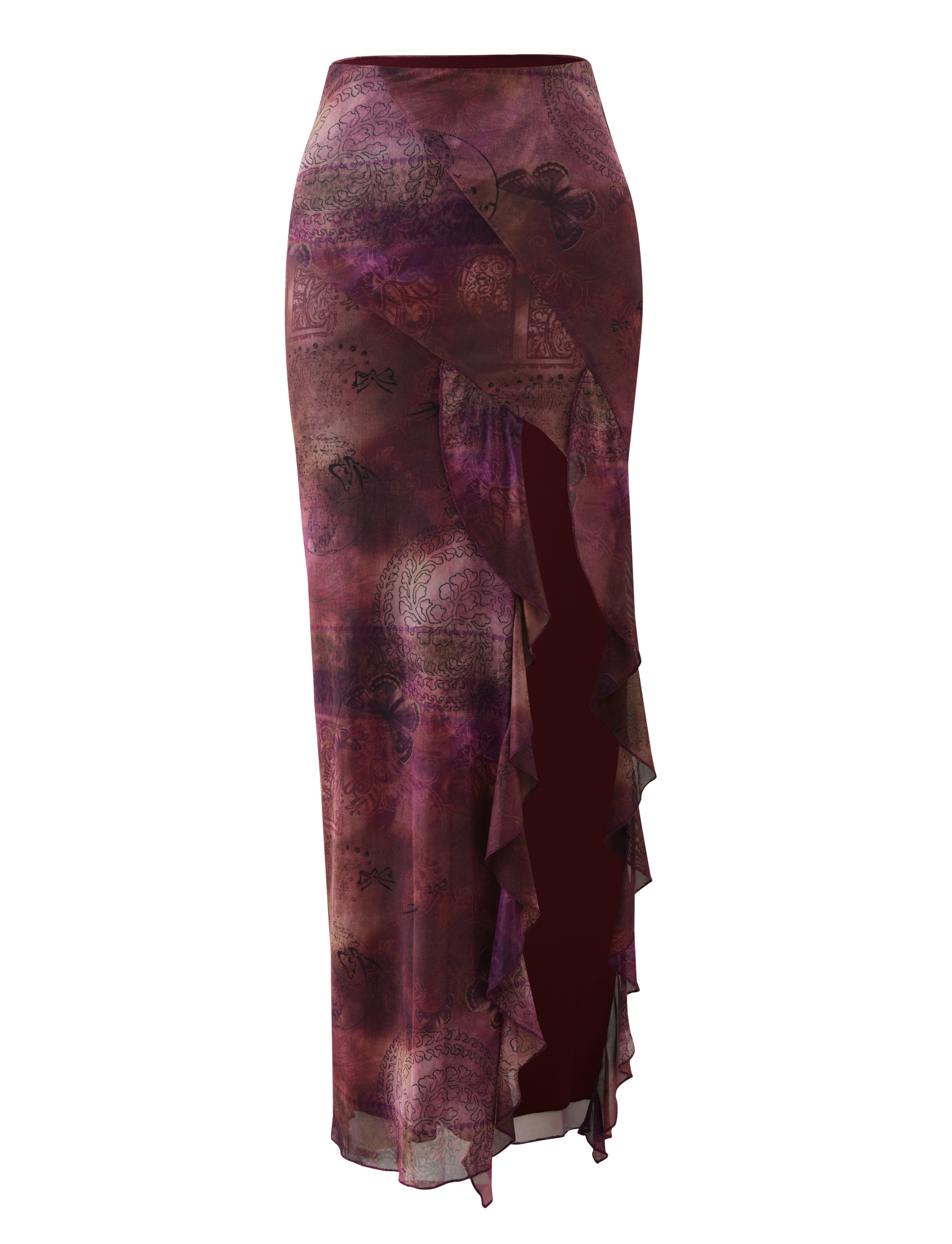 The TIGERMIST THEO SKIRT - PLUM BUTTERFLY PAISLEY is a high-waisted, long skirt with a butterfly paisley print, ruffled asymmetrical front slit, and flowy semi-sheer fabric.