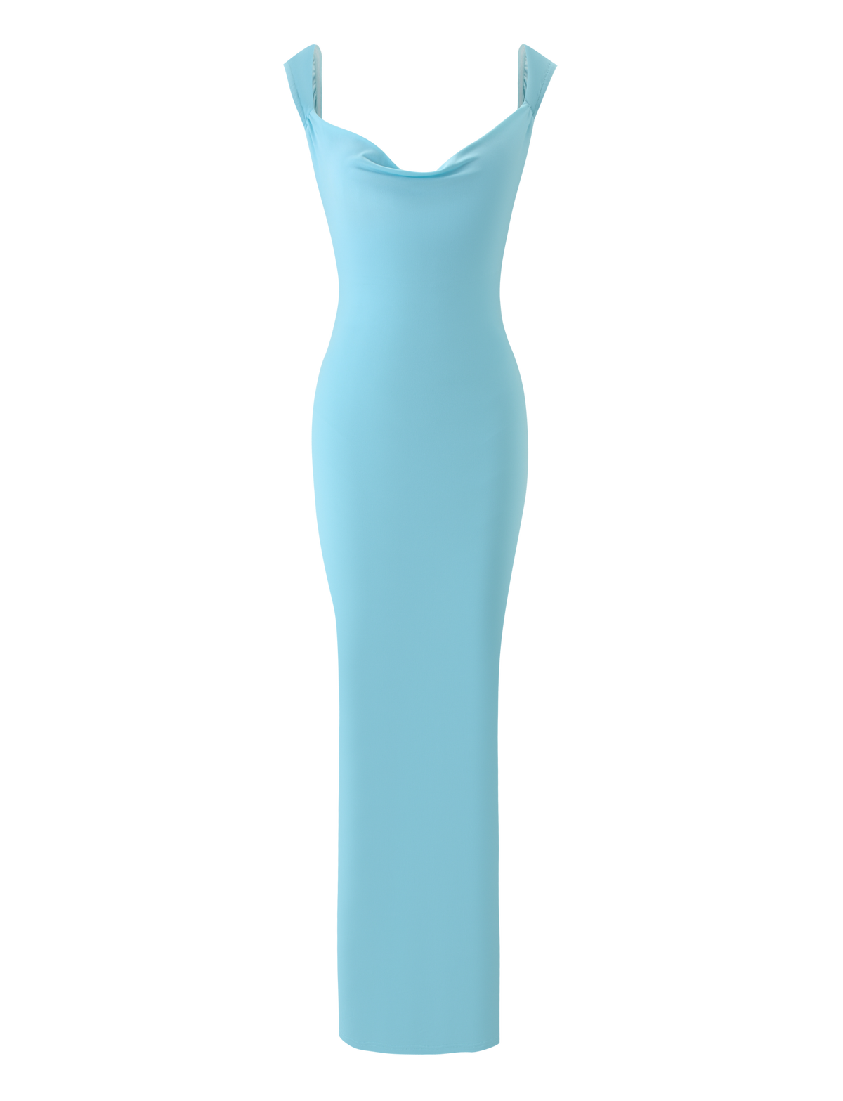 The MORANA DRESS - SKY BLUE by TIGERMIST is a sleeveless maxi dress with a cowl neck, fitted silhouette, and low back, shown against a plain white background.