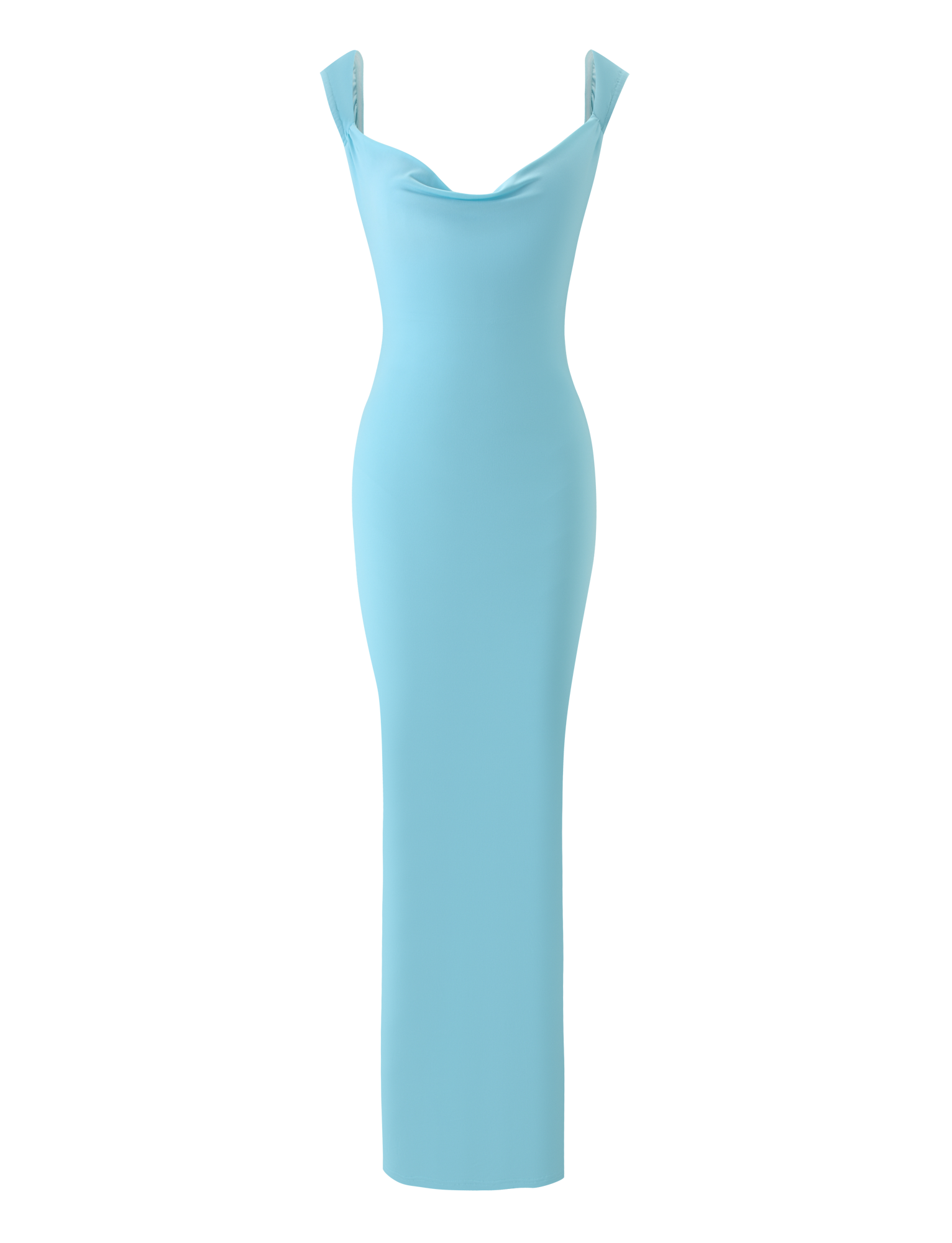 The MORANA DRESS - SKY BLUE by TIGERMIST is a sleeveless maxi dress with a cowl neck, fitted silhouette, and low back, shown against a plain white background.