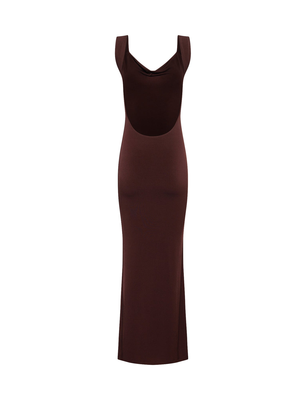 The MORANA DRESS - BROWN : CHOCOLATE by TIGERMIST is a sleeveless, full-length brown dress that boasts a cowl neckline and an open back detail. It features a slim, fitted silhouette with a straight hem extending down to the ankles, crafted from smooth and slightly stretchy fabric.