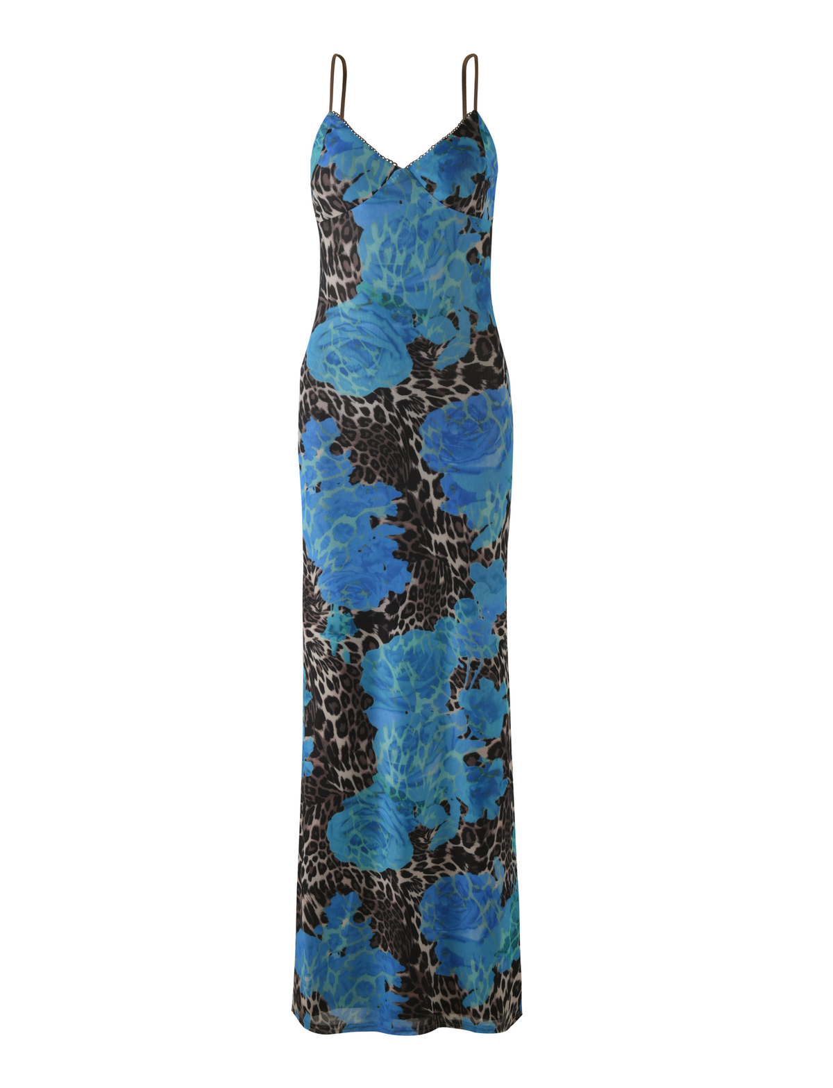 The JULIANNA DRESS - BLUE : LEOPARD by TIGERMIST is a sleeveless, floor-length fitted slip dress with thin straps, featuring blue floral and leopard prints on a black and brown background.