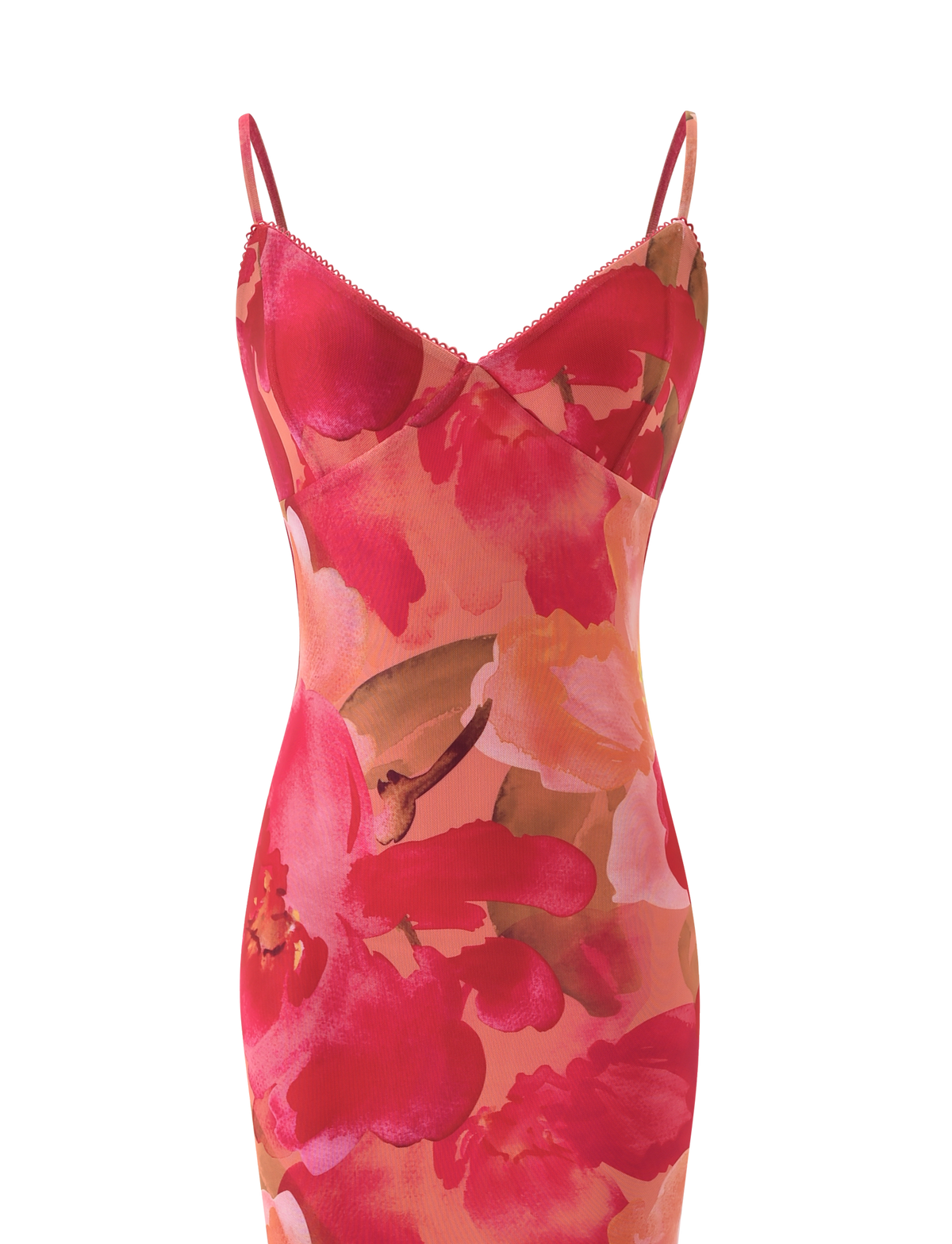 The JULIANNA MAXI DRESS - DAIQUIRI FLORAL by TIGERMIST is a sleeveless, fitted maxi dress with adjustable spaghetti straps and a vibrant red and pink abstract floral print on a peach background.