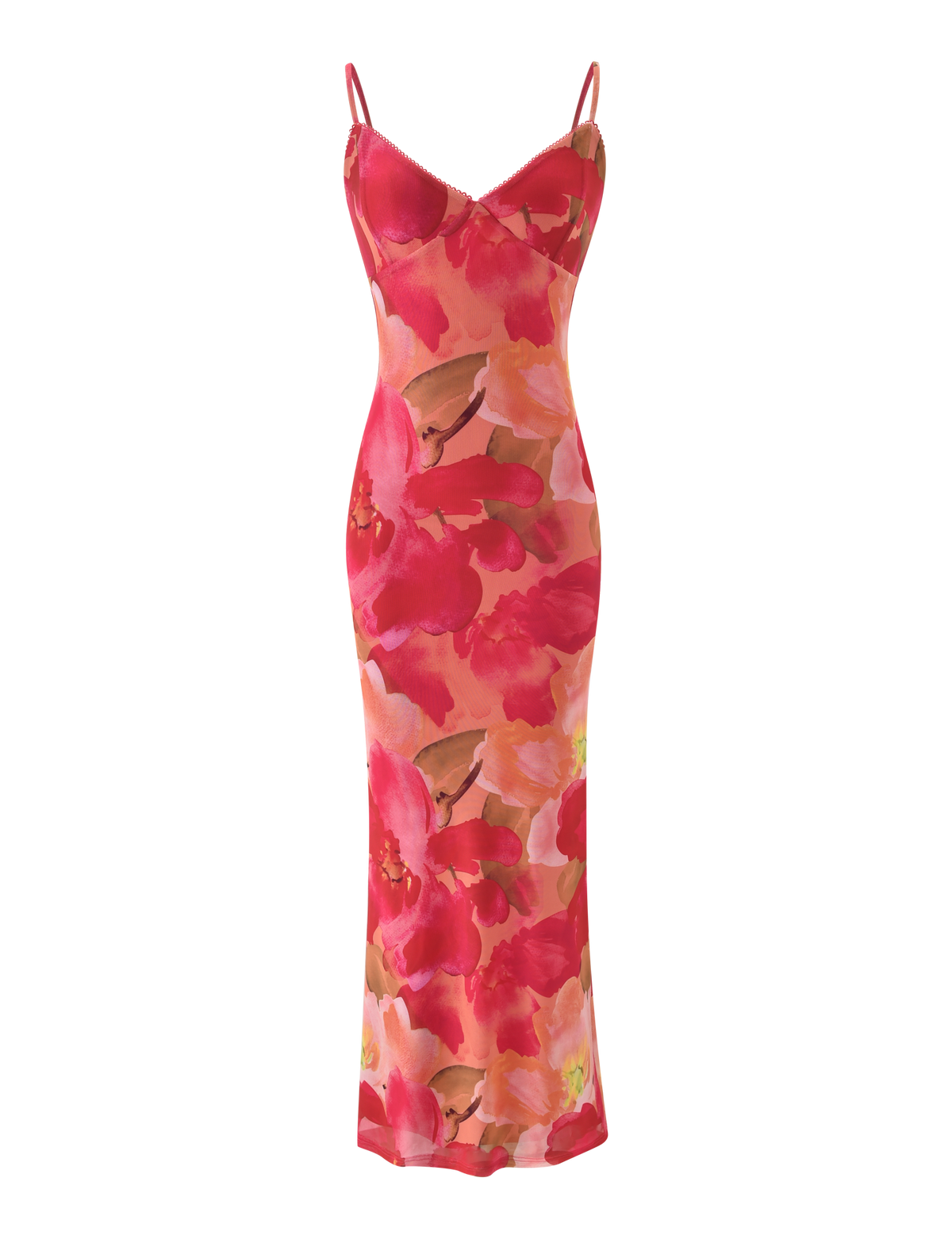 The JULIANNA MAXI DRESS - DAIQUIRI FLORAL by TIGERMIST is a sleeveless, ankle-length maxi dress with adjustable spaghetti straps, showcasing a vibrant pink and red floral print on a light background.