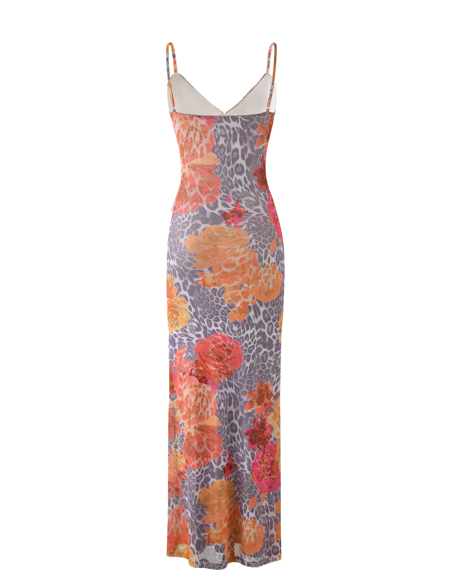 A form-fitting, sleeveless maxi dress by TIGERMIST is shown. The JULIANNA DRESS - MULTI : LEOPARD : ORANGE LEOPARD features a striking pattern of orange, yellow, red, and light gray abstract floral designs on a dark gray background with lighter gray spots. This dress boasts a V-neckline and has a smooth, sleek texture.