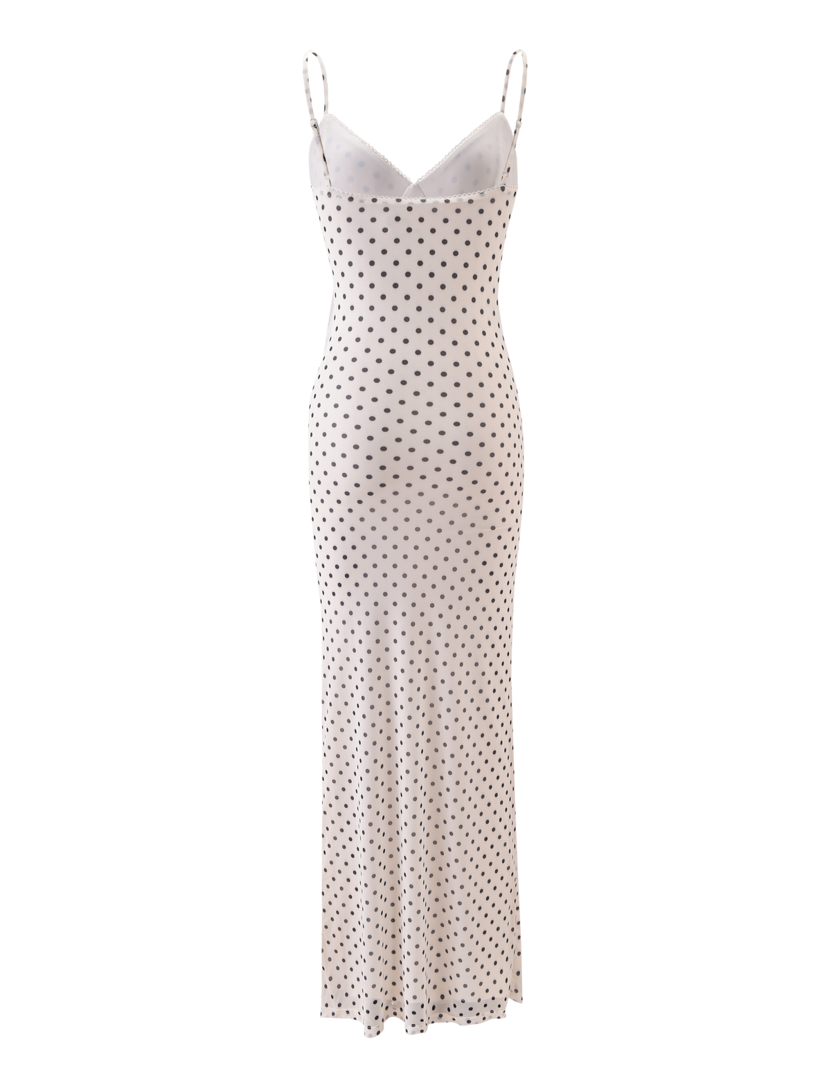 The TIGERMIST JULIANNA MAXI DRESS - POLKA DOT is a black and white, floor-length dress with adjustable spaghetti straps and a sleeveless design for effortless elegance.