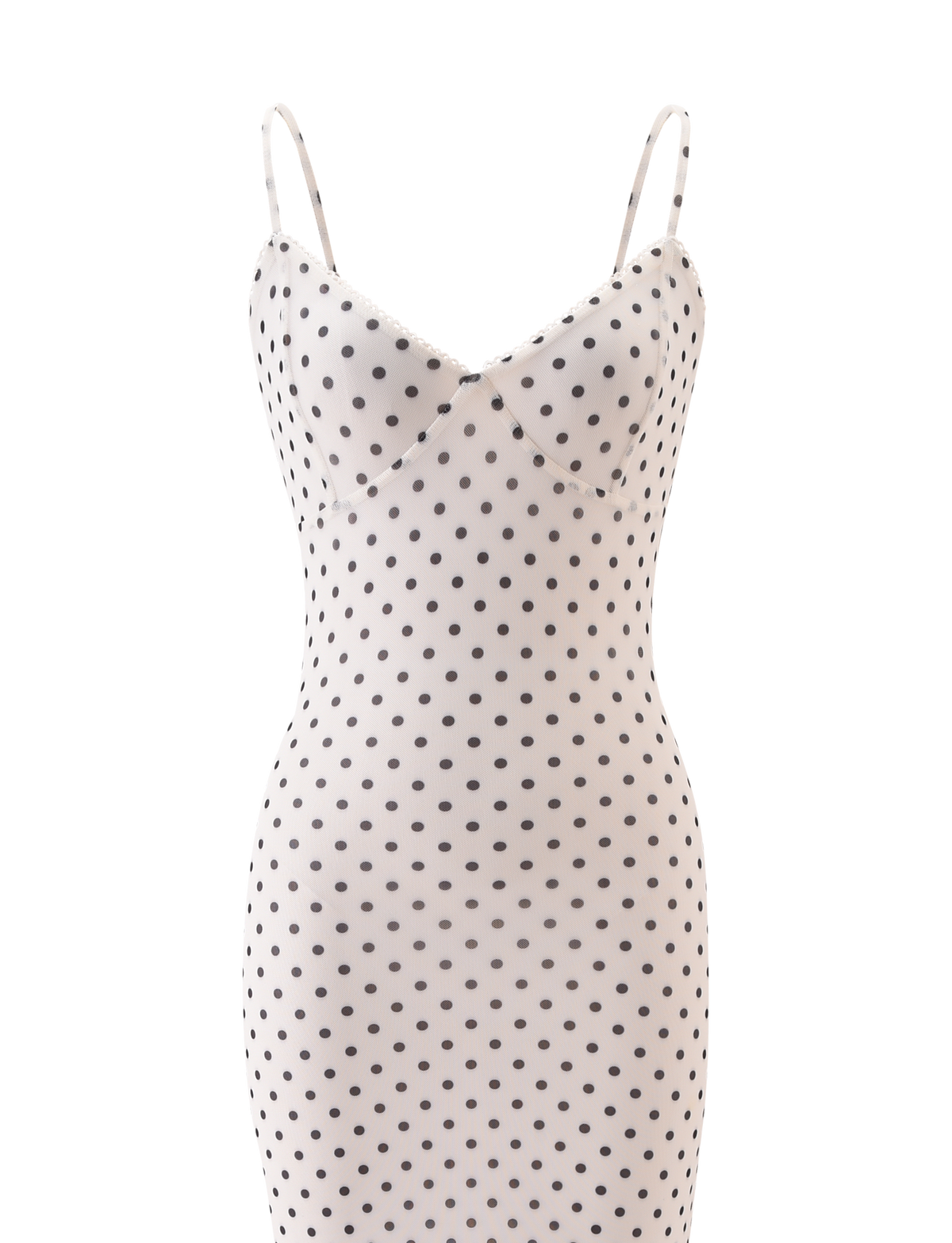 The TIGERMIST JULIANNA MAXI DRESS - POLKA DOT is a sleeveless, fitted dress with adjustable spaghetti straps and a playful polka dot design on crisp white fabric.
