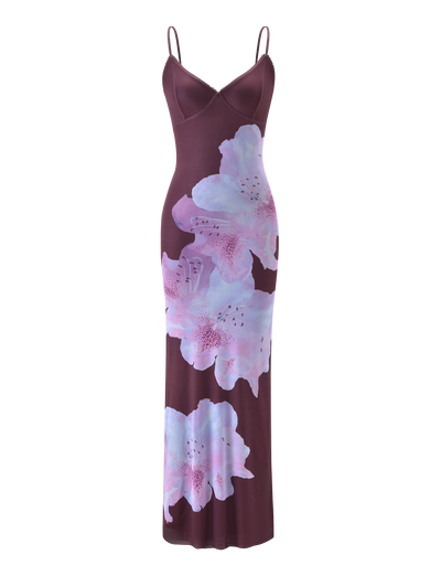 The CL - JULIANNA DRESS by Tiger Mist is a sleeveless, maroon slip dress featuring thin spaghetti straps and bold light pink and lavender floral prints on the front.