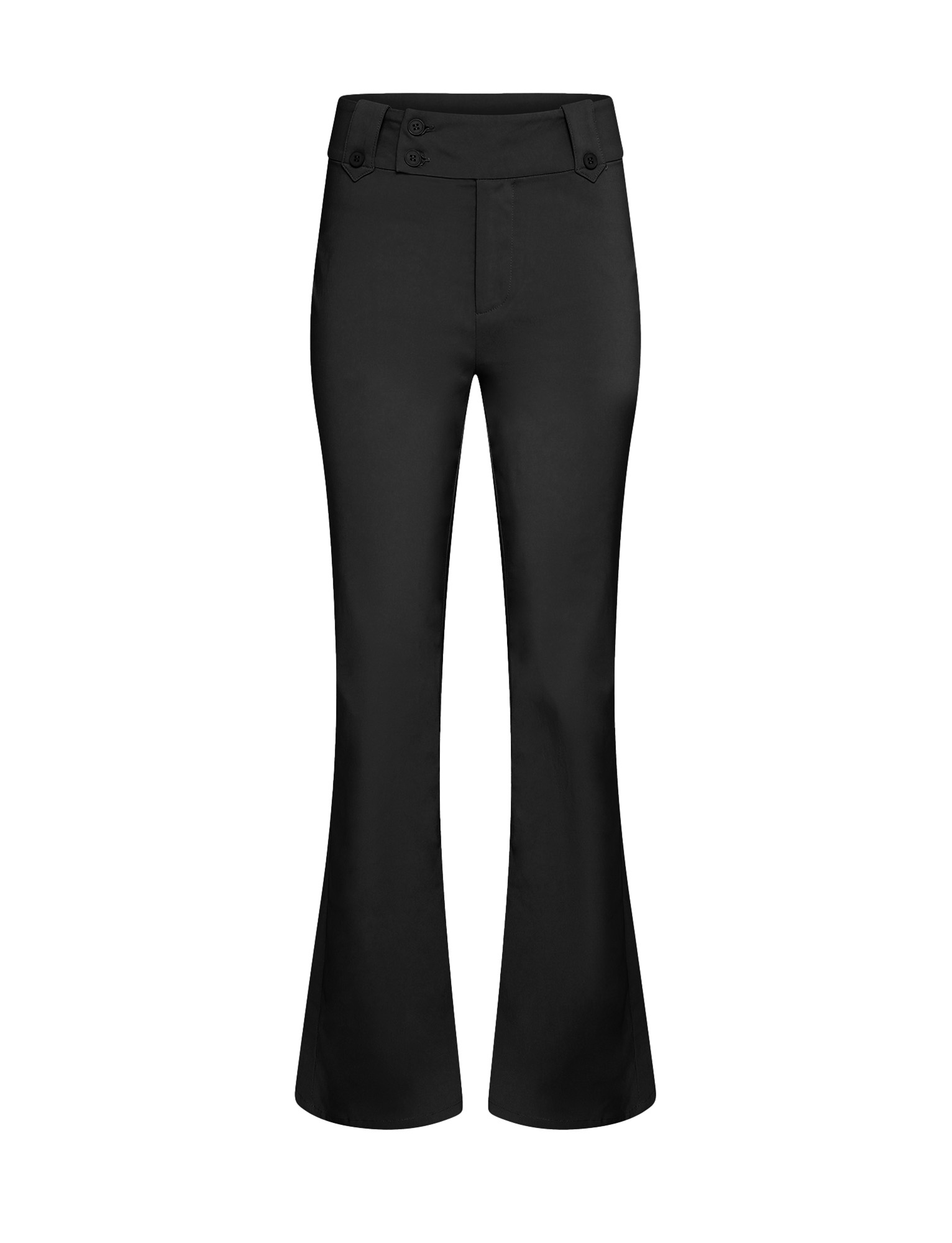 The KITTIE HIGH RISE PANT by TIGERMIST features a black stretch-suiting flared leg design with decorative buttons on the wide waistband, shown on a white background.
