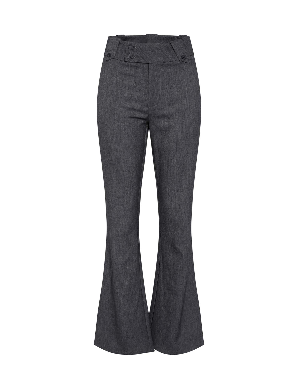The TIGERMIST KITTIE HIGH RISE PANT - GREY features a high-waisted, flared leg design with button accents on the wide waistband, shown against a white background.