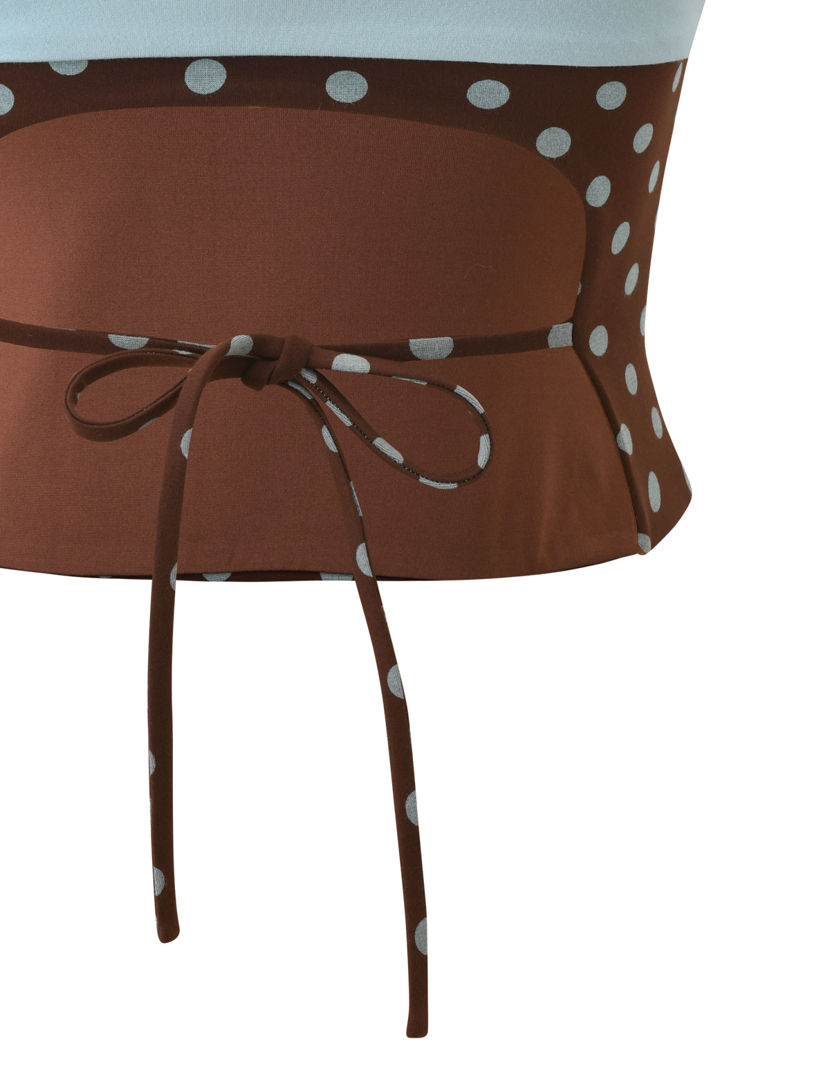 A close-up of a brown and blue polka dot fabric belt tied in a bow at the waist over a white background. Style with the TIGERMIST IMOGEN TUBE TOP - BROWN AND BLUE POLKA DOT or any strapless top.